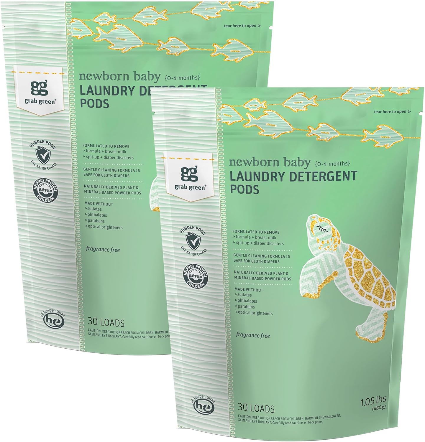 Grab Green Newborn Baby Laundry Detergent Pods, 60 Loads, Chamomile, Mineral Based, Non-Toxic, Stain Remover