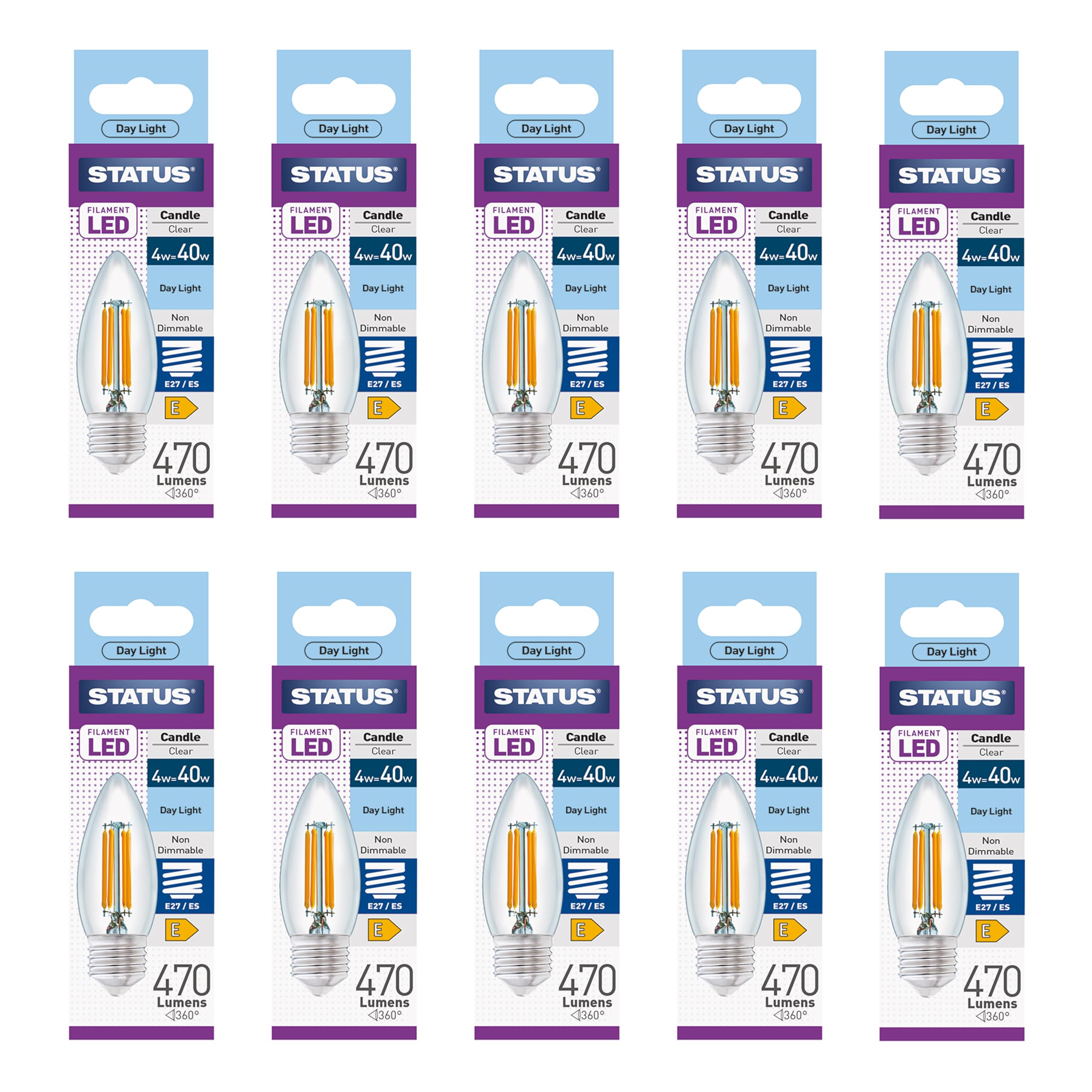 Status 4w = 40w = 470 lumens - Filament LED - Candle - ES - Clear - Day Light - 1 pk Box - in White CDU