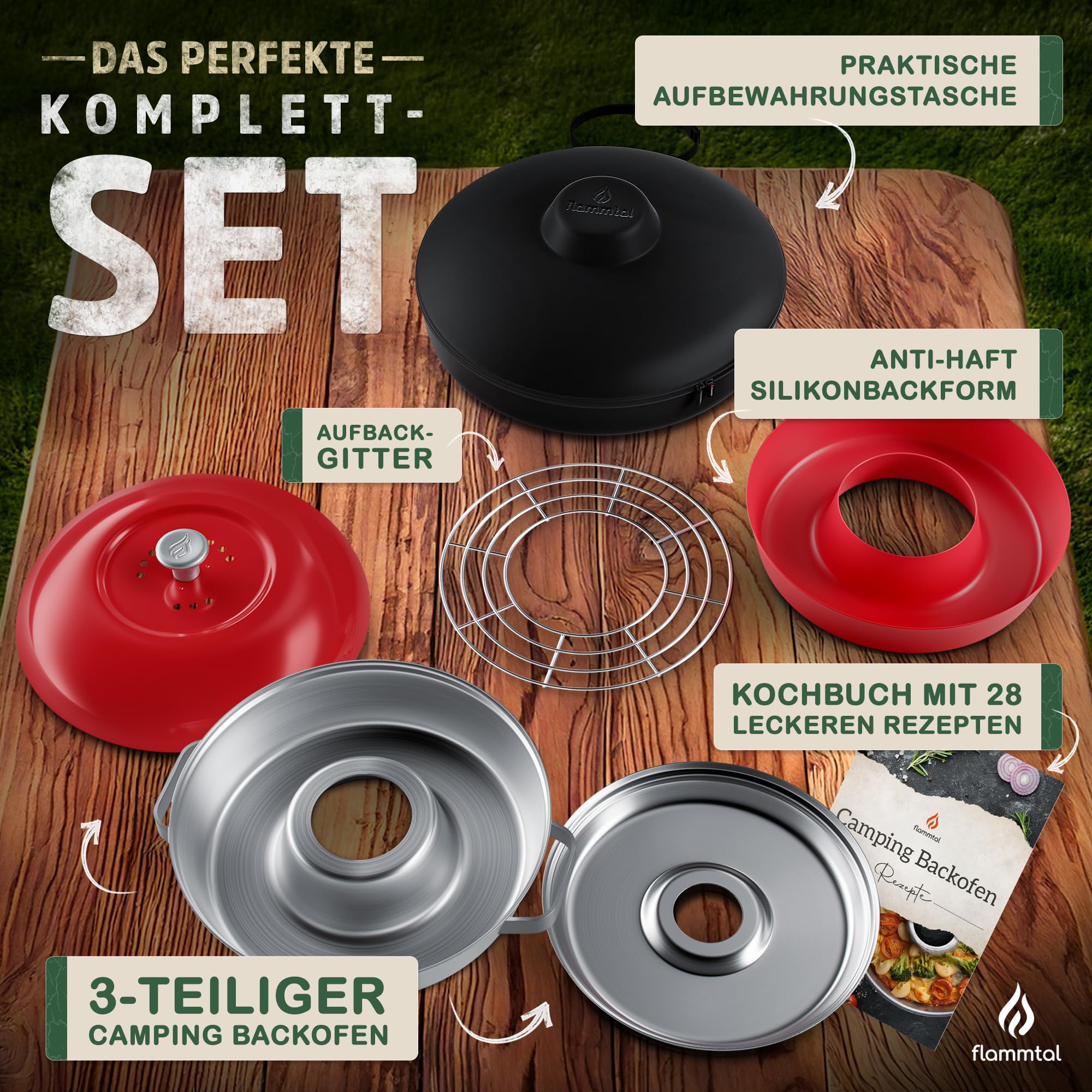 flammtal Camping Backofen Stove - Backofen Set inkl. Silikonform, Aufbackgitter, Tragetasche & Rezeptbuch - Backofen Camping mit regulierbarer Hitze - Campingbackofen für Gaskocher & Gasherd