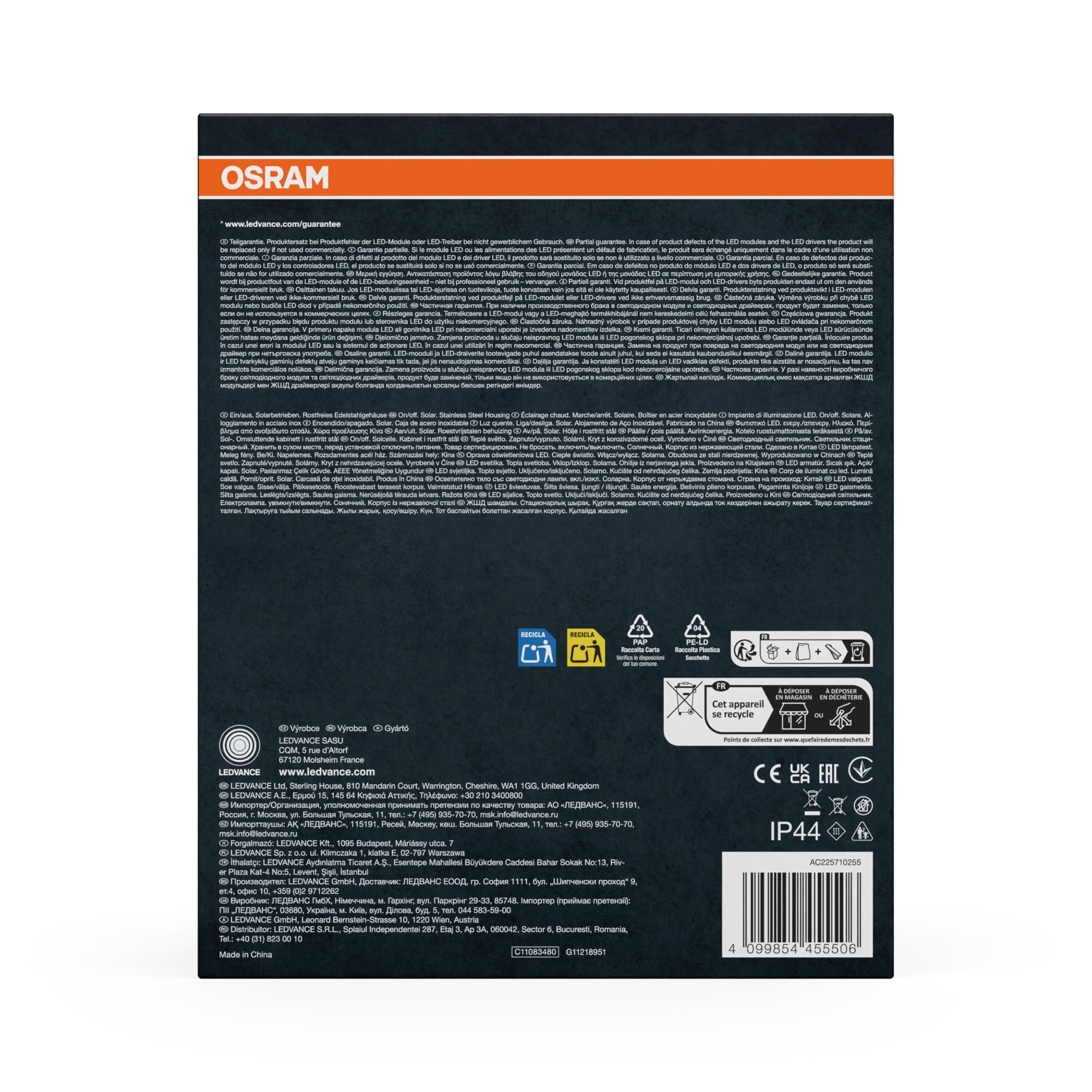 OSRAM Oświetlenie zewnętrzne ENDURA Style Solar, czarne, ze stali nierdzewnej, IP44, czujnik ruchu i światła dziennego, zasilane energią słoneczną, idealne na tarasy i wejścia