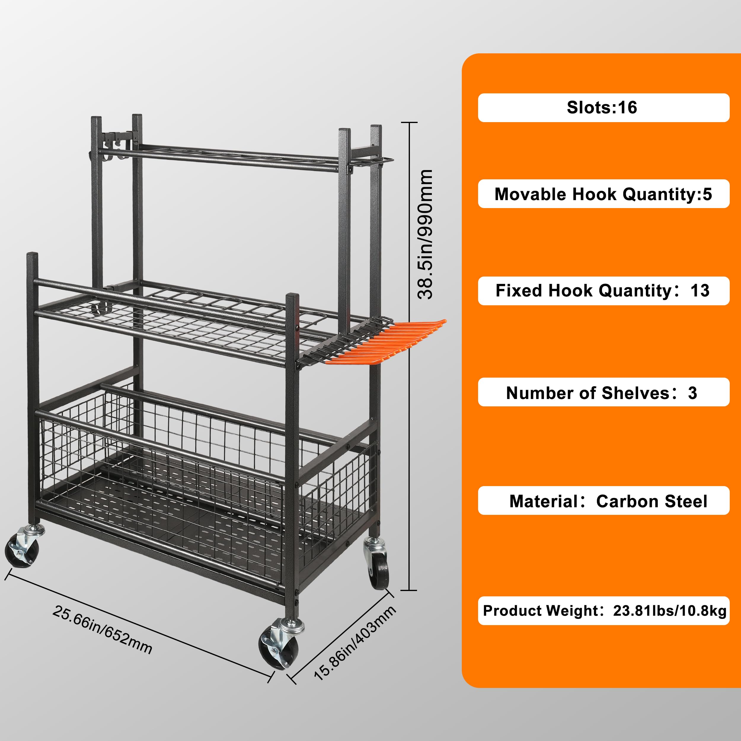 Gartengeräte Organizer mit Feststellrollen,Schwerlast Metall Gartengeräteständer,16 Fächer+19 Haken für langgestielte Geräte/Staubsauger/Rasenrechen,ideal für Garage, Schuppen & Außenbereich