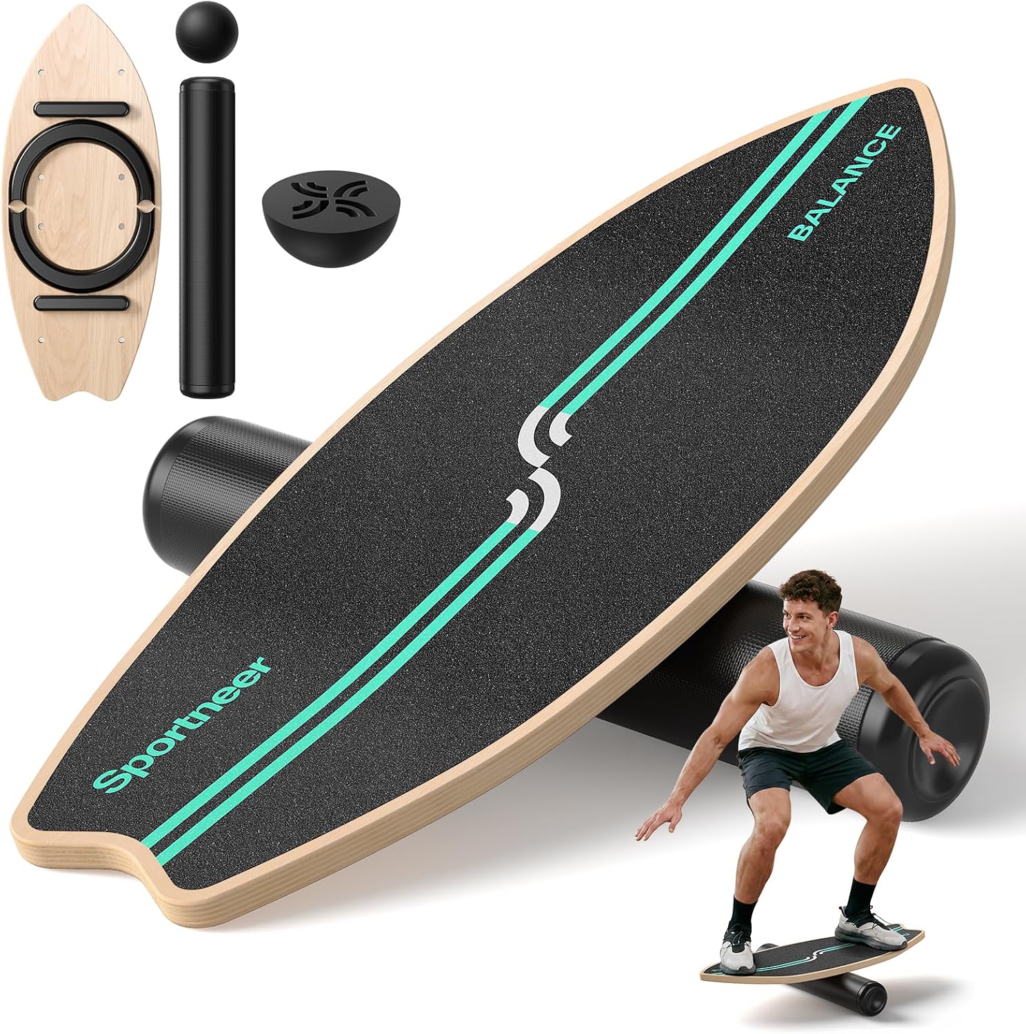 Sportneer Surfin deska do balansowania dla dorosłych 8 w 1 z rolką gumową piłką i drewnianą półkulową deską do treningu podstawowego, surfowania, jazdy na nartach
