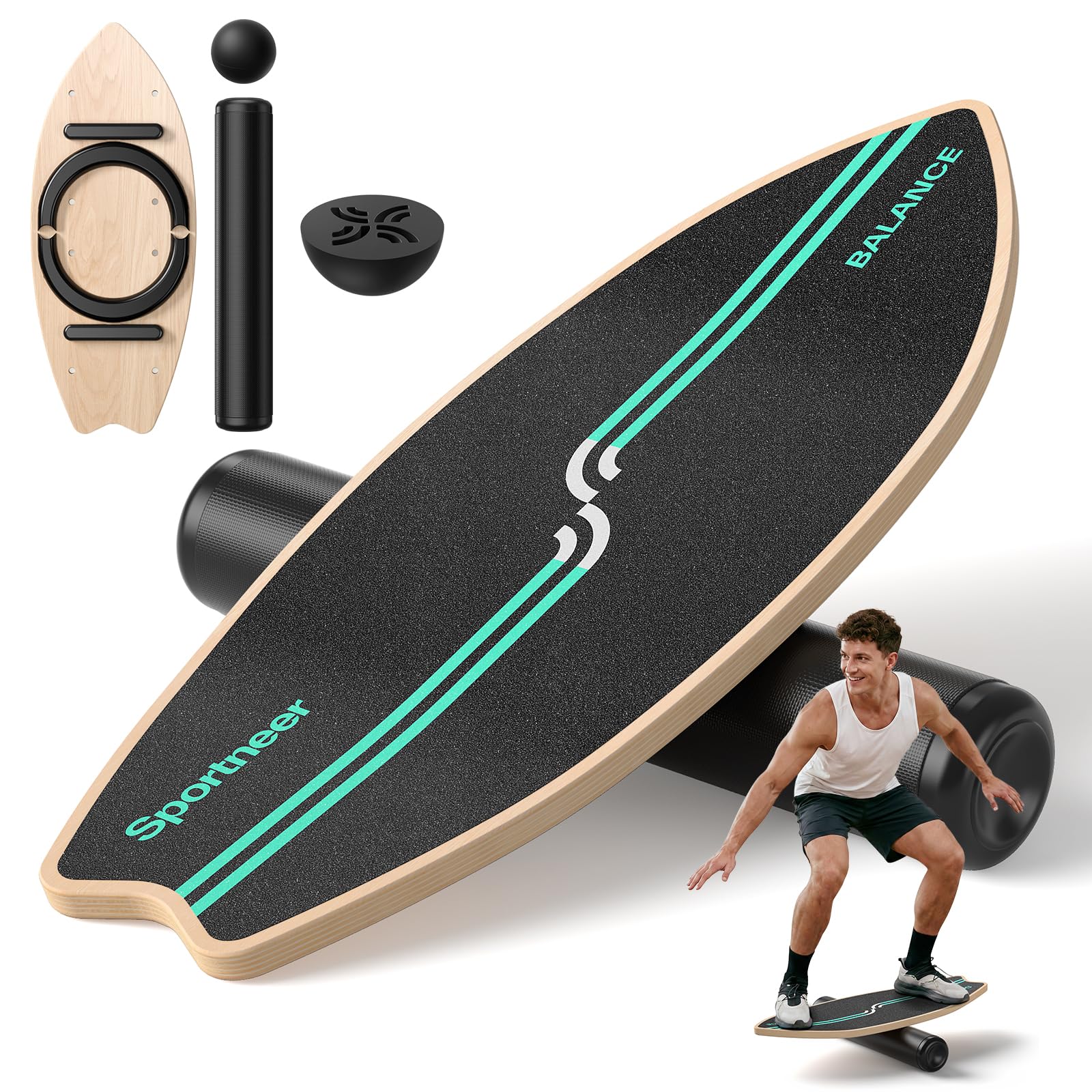Sportneer Surfin deska do balansowania dla dorosłych 8 w 1 z rolką gumową piłką i drewnianą półkulową deską do treningu podstawowego, surfowania, jazdy na nartach