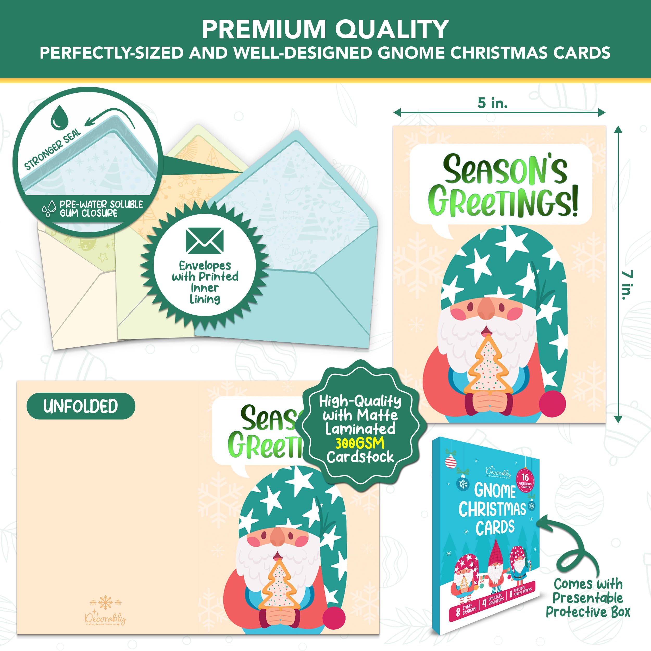 Decorably Lot de 16 cartes de Noël en forme de gnom, 12,7 x 17,8 cm, 8 motifs, 16 cartes