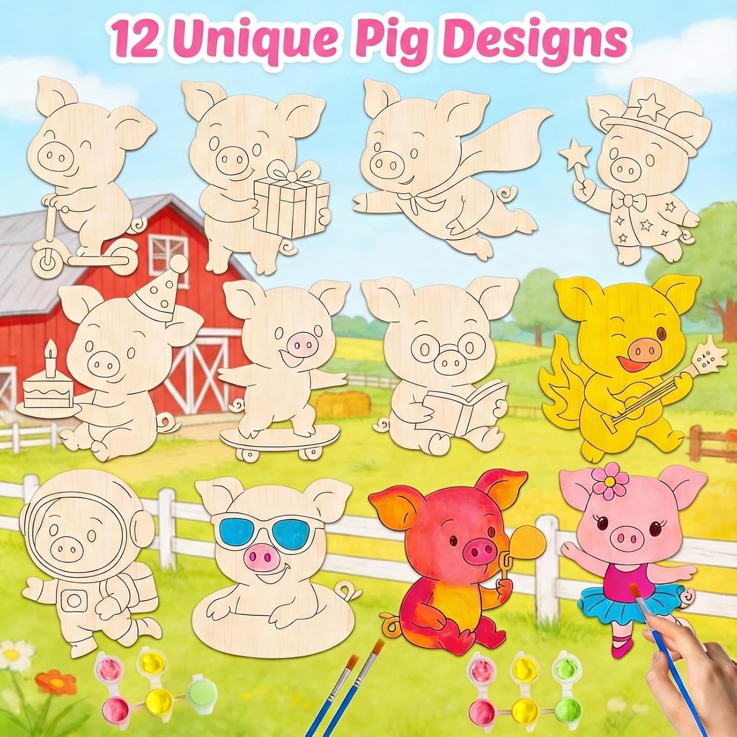 12 Pack Pig Party Favors for Kids - Individually Wrapped Oinking Magnet Craft Painting Kits for Kids Birthday, Preschool Classroom or Farm-Themed Party - Image 3