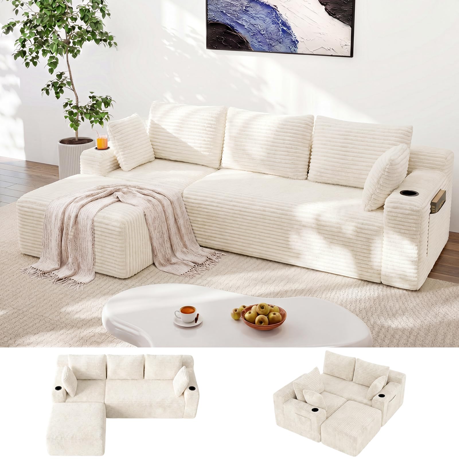 HAUSPROFI Ecksofa l-Form mit Getränkehalter & Seitentaschen, Boneless Couch,Modulares Sofa 5 Kissen,Cord Couch mit Schlaffunktion, Cord Sofa für Wohnzimmer, Ohne Montage, 266 x 170 x 83cm, Weiß