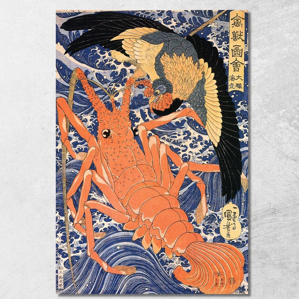 Aragosta Utagawa Kuniyoshi, ukn21 Quadro Stampato su Tela Fine Art, Intelaiato Pronto da Appendere, assemblato a Mano, 170x120 cm