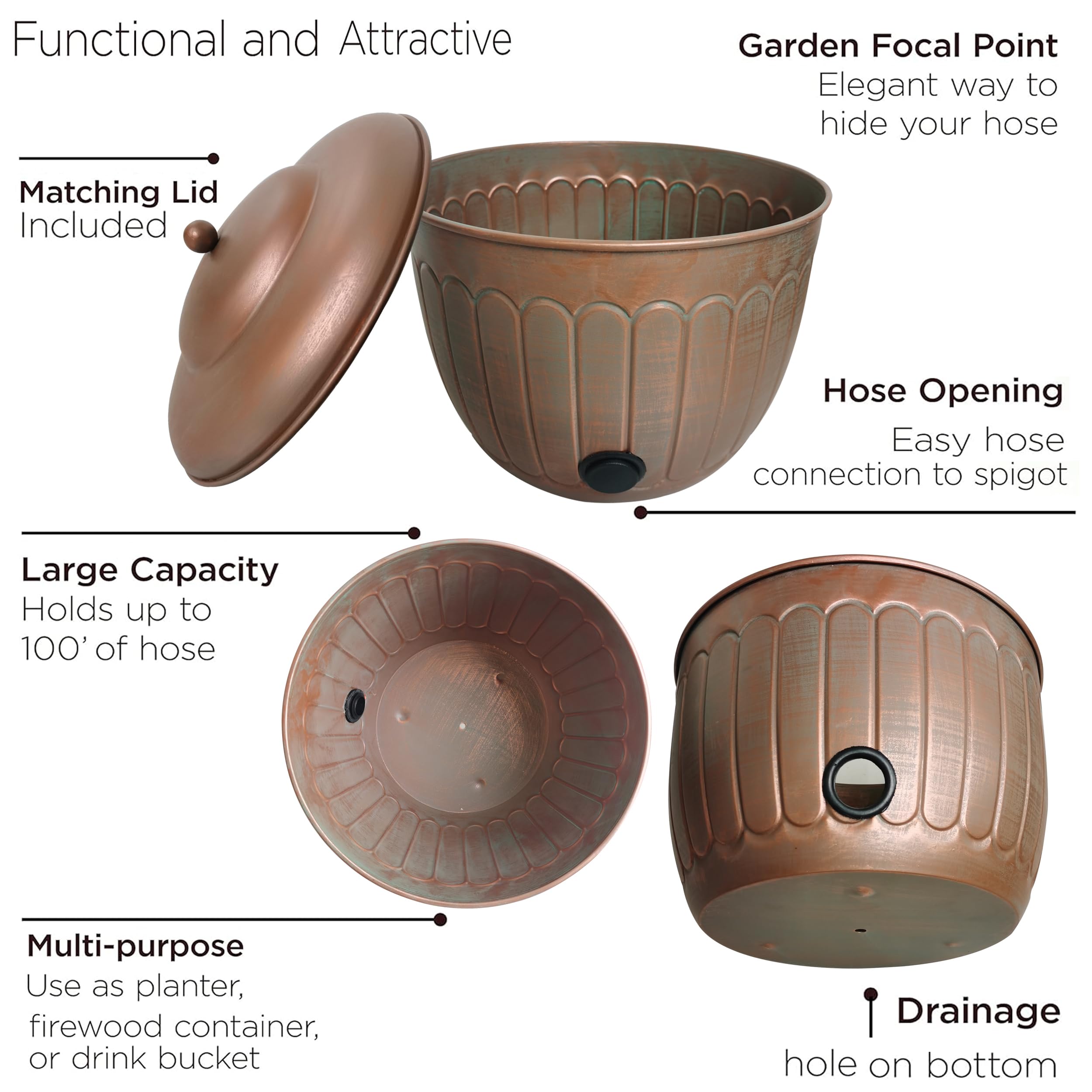 Soporte para manguera de agua de jardín, maceta de metal decorativa, maceta de almacenamiento de manguera de metal, organizador de almacenamiento de jardín, cubo portátil para patio, detalles de cobre