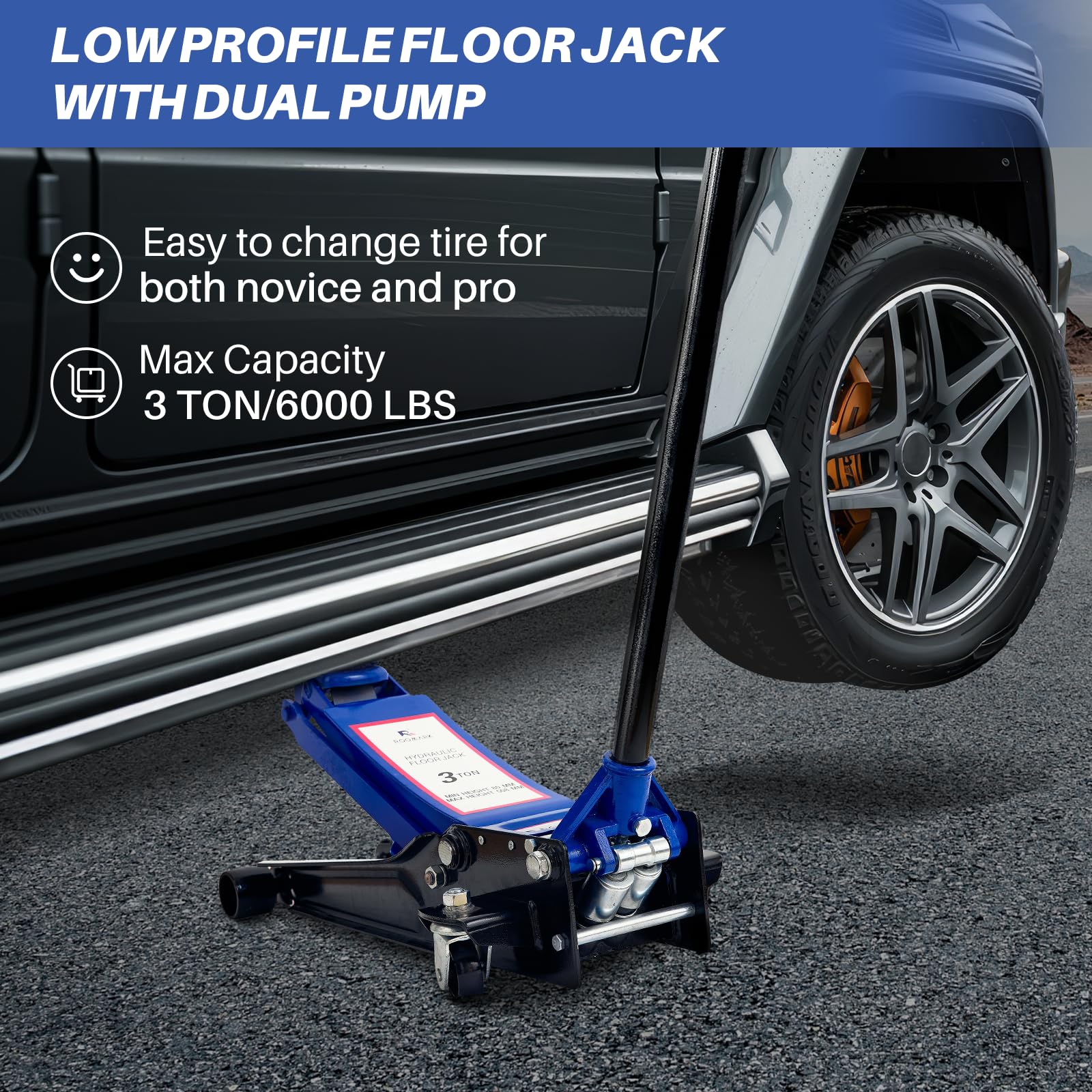 3 toneladas de Doble Bomba de Jack de Aterrizaje hidráulico para elevación rápida de automóviles, Jack de Servicio de Perfil bajo, Rango de elevación de 8-51cm de Capacidad de 3 toneladas