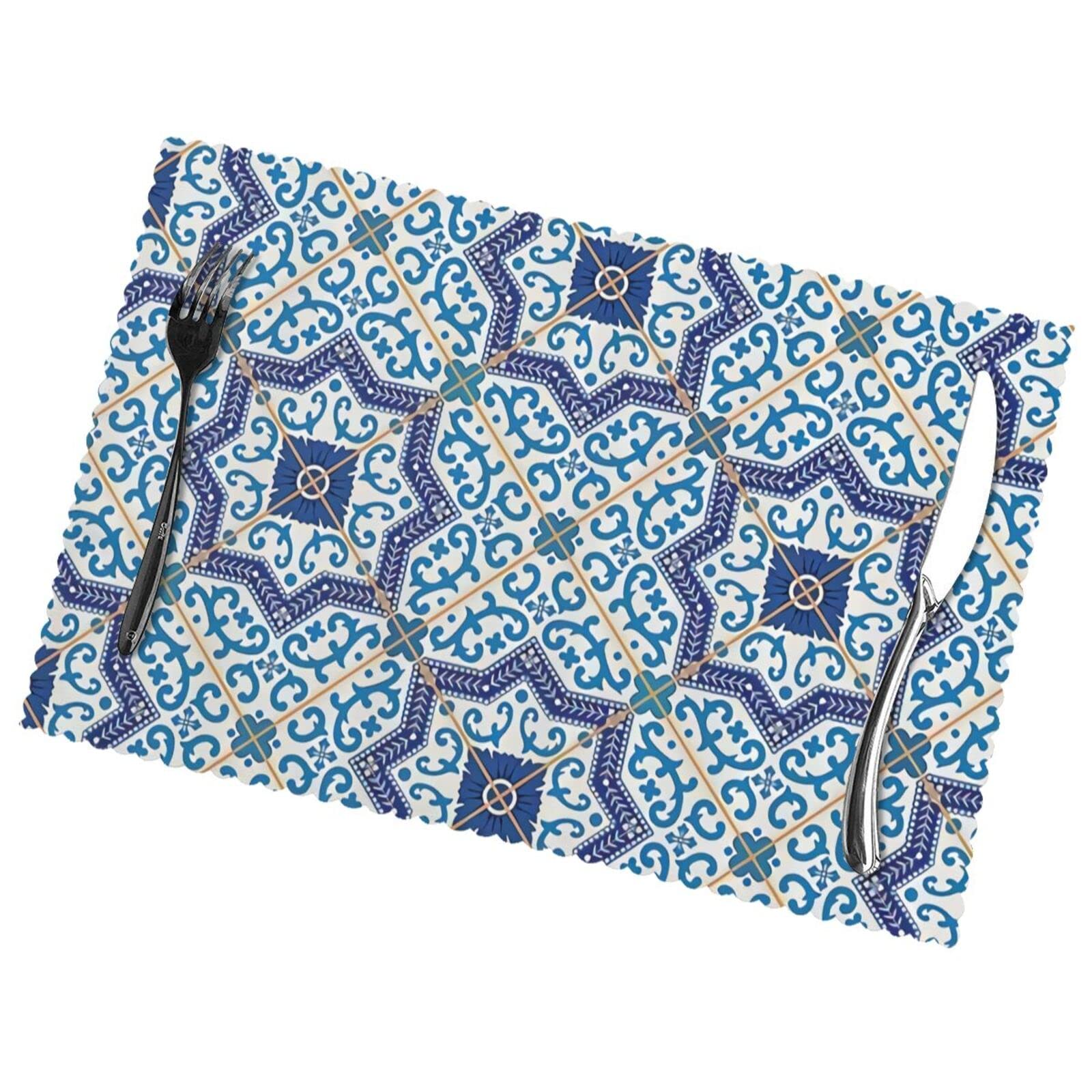 Placemats Moroccan Portuguese Style Classic Tiles Table Mats Set Of 6 Heat Resistant, Non-Slip, Washable For Kitchen Dining Table
