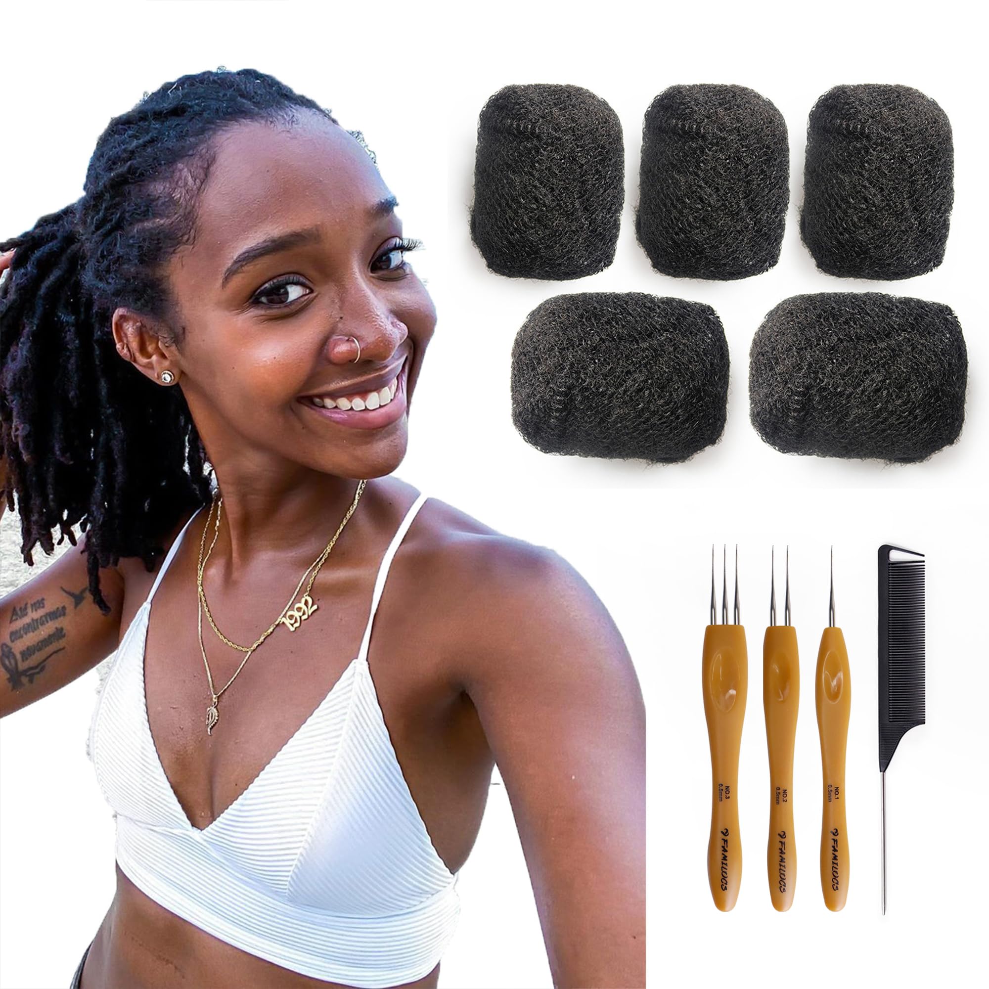FAMILOCS Tight Afro Kinky Bulk 100 ％ Human Hair for Draedlock Extensions, Repair Locs, Twists and Braids (14 Inch, Natural Black, 5 Bundles with