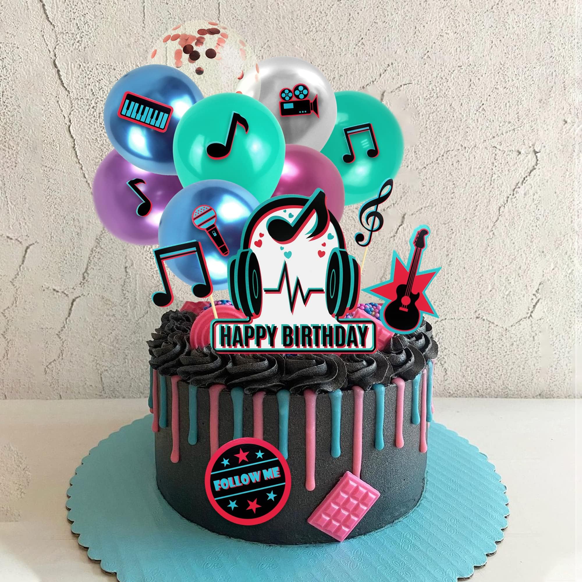 23 PCS Music Happy Birthday Cake Topper Music Themed Purple Balloons Cake Decor Set Hot Music Note Themed Cupcakes Topper Music Party Supplies for Teens Social Media Balloons Theme Birthday Party