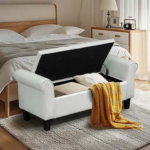 Miniatura 8 de ECOTOUGE Otomana con almacenamiento para sala de estar, reposapiés tapizado de cuero, bancos de dormitorio al final de la cama, otomana con brazo