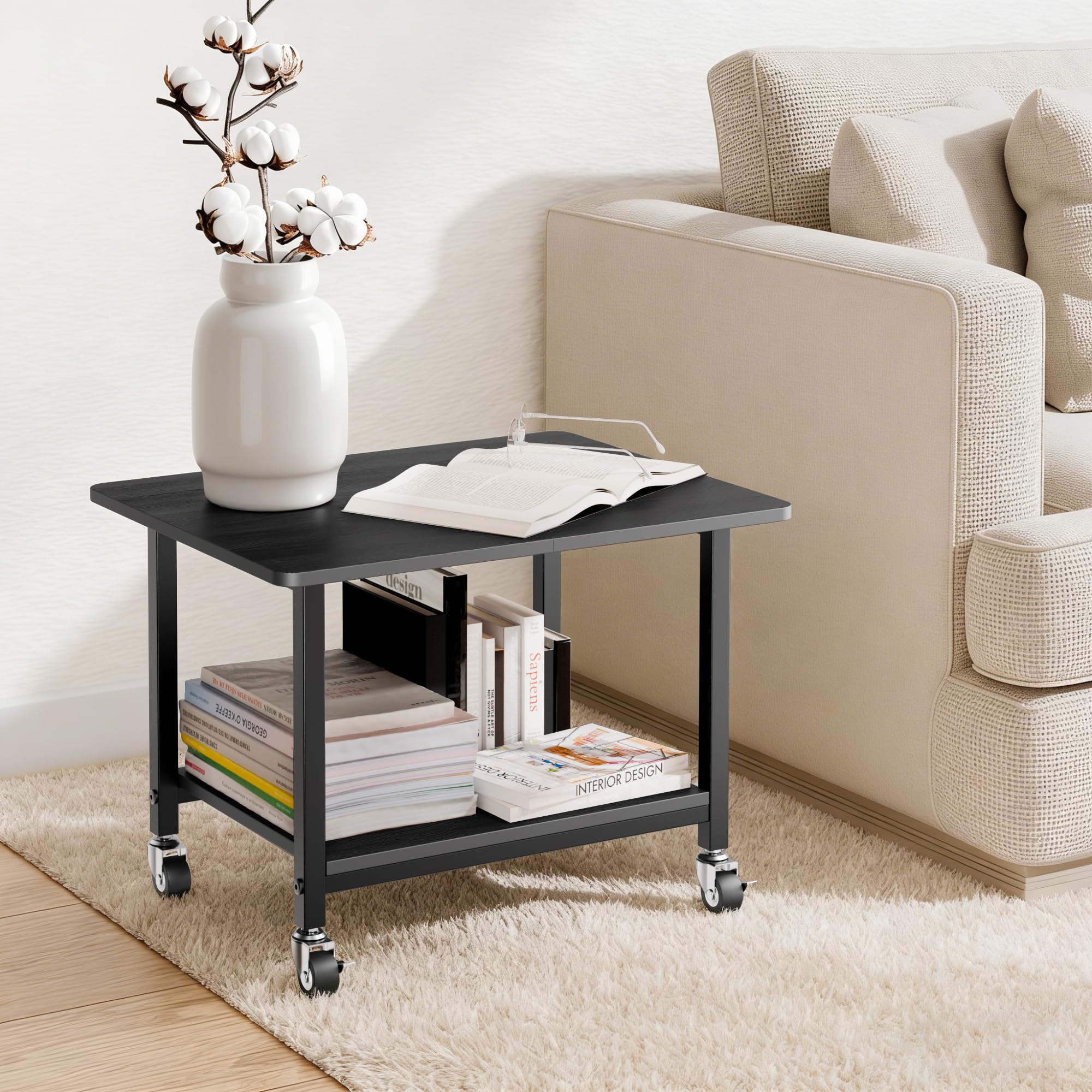 niffgaff Soporte para impresora con ruedas bloqueables, carrito de impresora rodante de 2 niveles con estante de almacenamiento, mesa compacta de madera y metal para oficina en casa, negro, 20.1 x