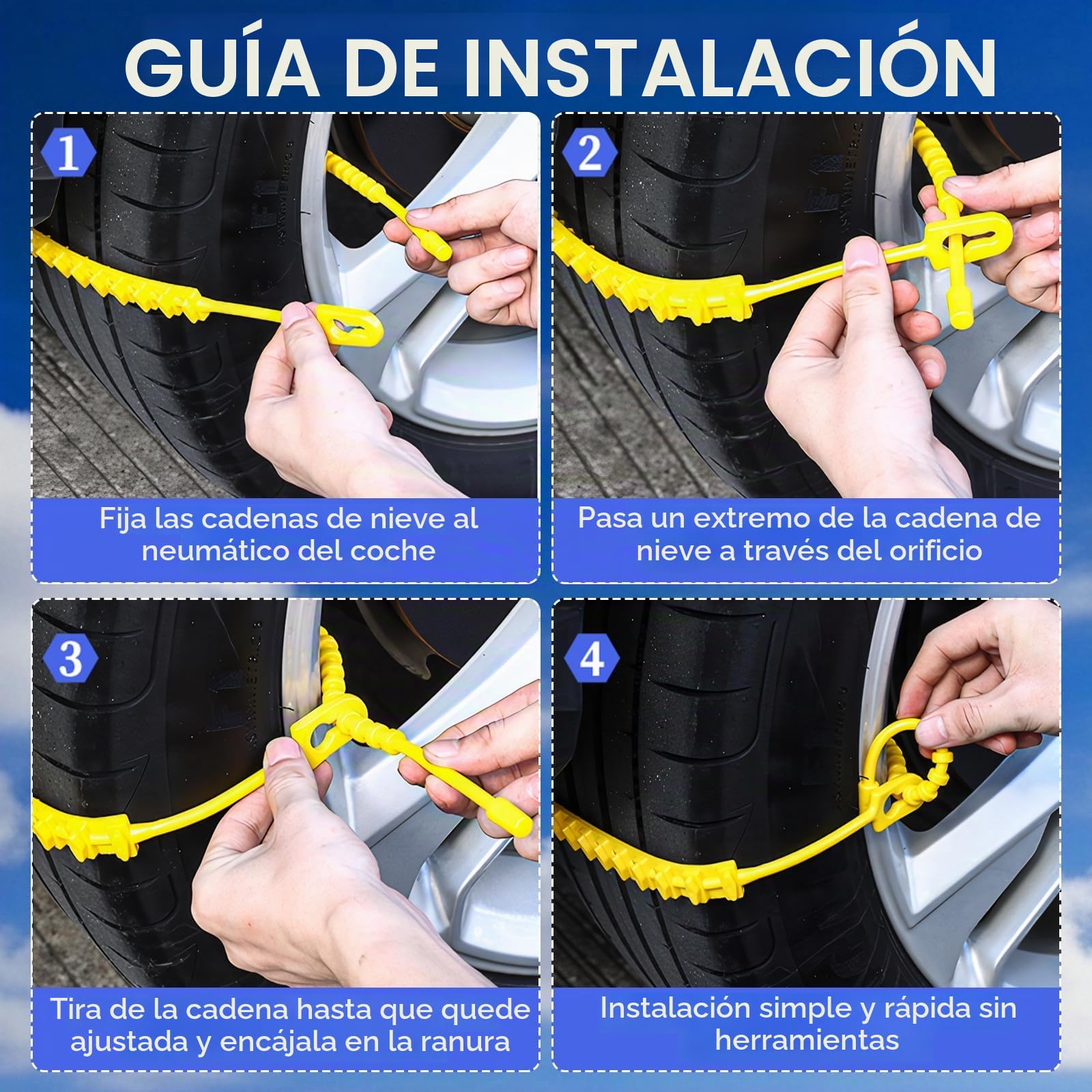 Cadenas de Nieve para Coche 10 PCS Nuevo diseño 2024 Fabricadas con Nylon Mayor Tracción con 11 puntos Antideslizantes Instalación Sencilla sin Herramientas 165mm-265mm
