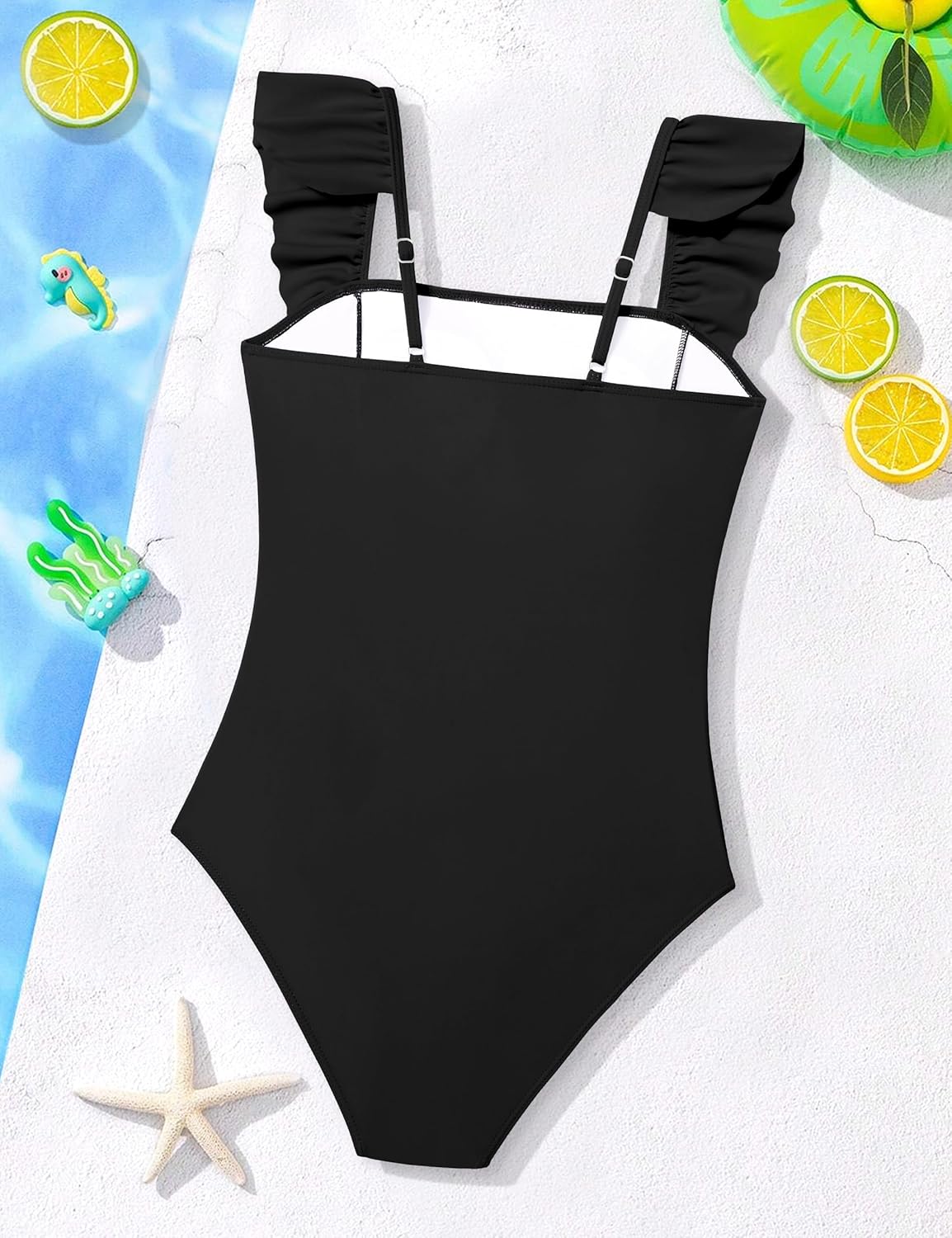 NECIOUS Girls Swimsuit Ruffle Adjustable Straps One Piece Bathing Suit Solid Color Ruched Girls' Swimwear 9-16Y - Image 5