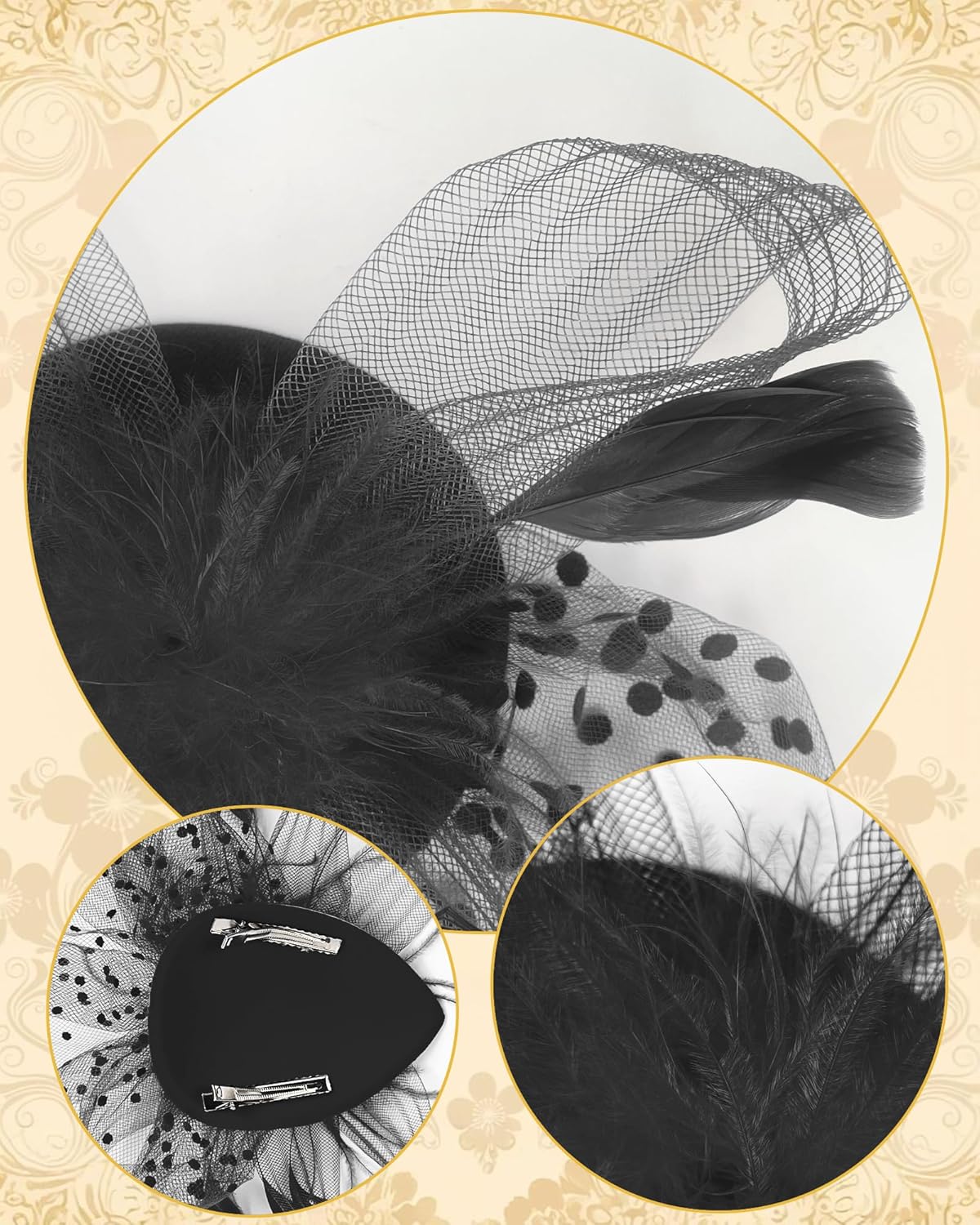 Black Fascinator Hat for Women Tea Party Attire Funeral Veil Pillbox Hats and Lace Gloves 1920s 50s - Image 4