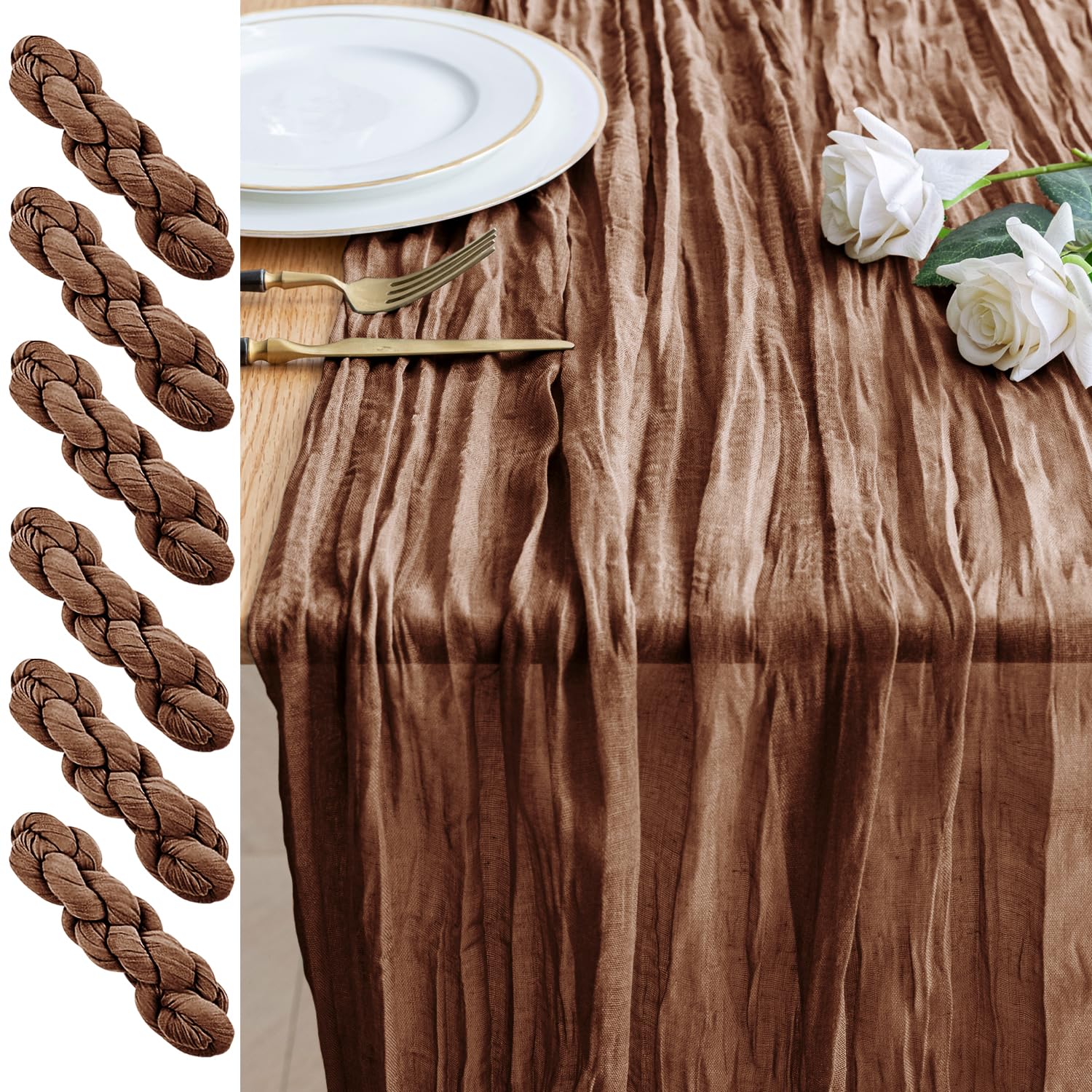 Xiomot 6PCS Table Runner Cheesecloth 10FT Brown Boho Gauze Cheese Cloth Rustic Sheer Table Runners for Wedding Bridal Baby Shower Party Decoration