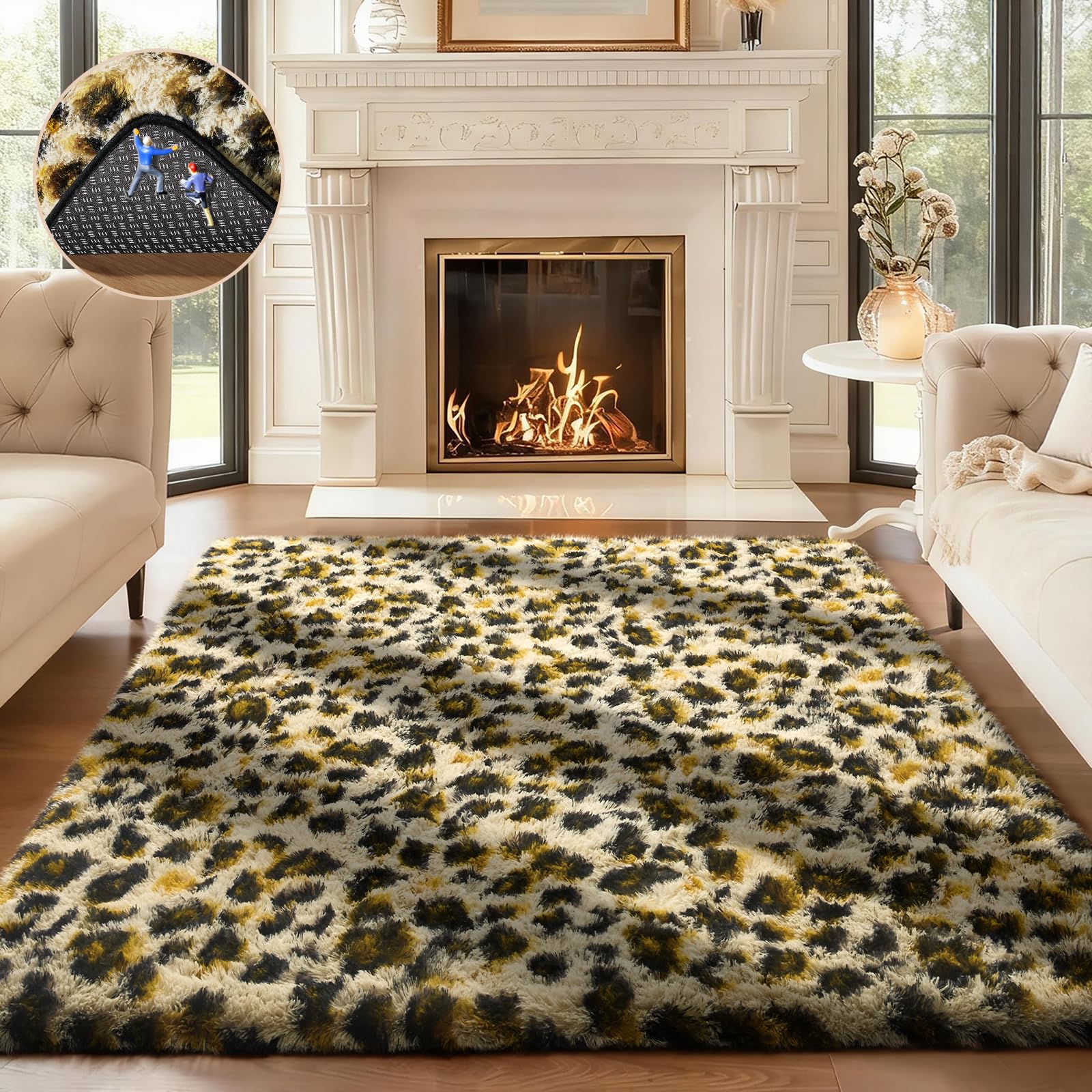Ophanie Leopard Rugs for Bedroom Living Room, Cheetah Print Rug Fluffy Shag Large Fuzzy Plush Soft Throw,Large Shaggy Floor Faux Animal Throw 4x6 Carpets,Decor Aesthetic with Over 99 pcs Pile fibers