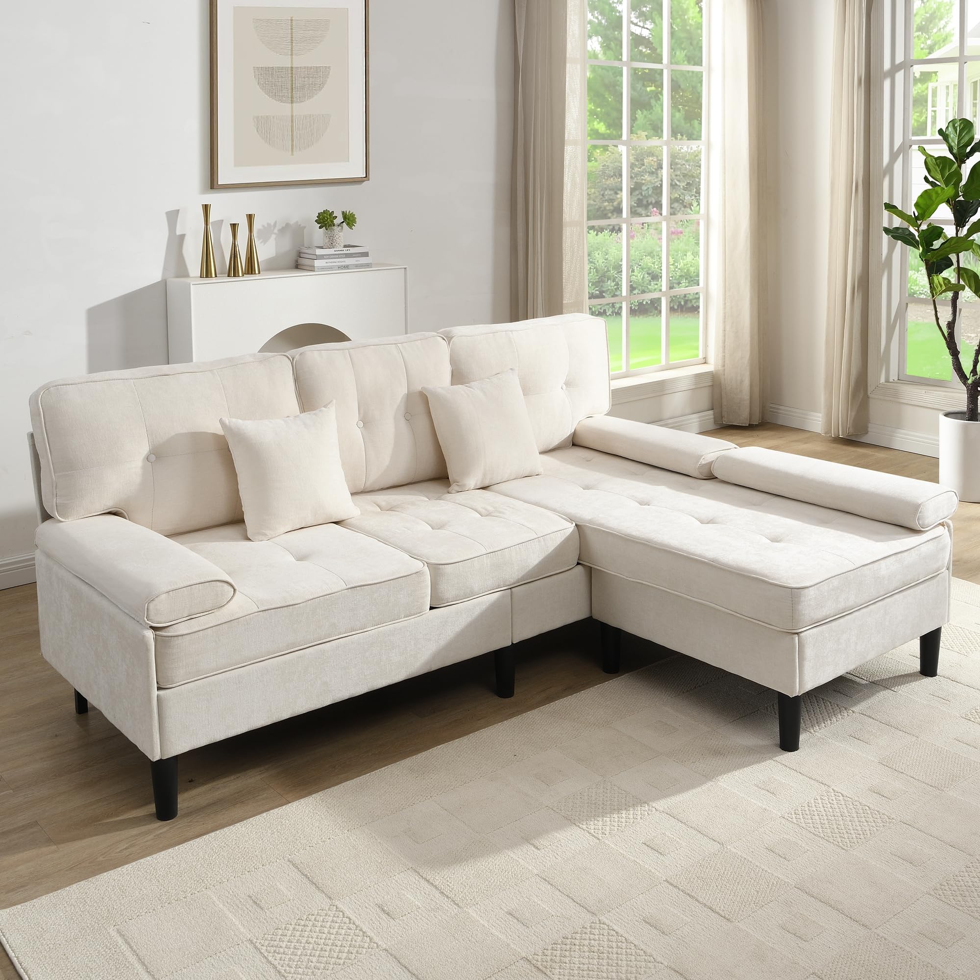 Divano ad angolo in ciniglia a forma di L, 195 cm di larghezza, divano chaise longue multifunzionale a tre posti con funzione letto, con poggiapiedi mobile, ideale per piccoli appartamenti