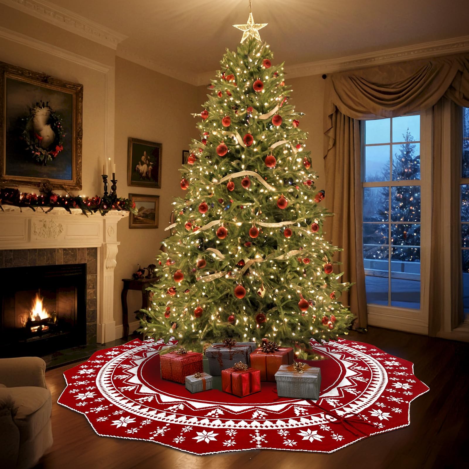 Jupe de sapin de Noël en tricot double face avec motifs flocons de neige - Grande jupe de sapin de Noël rustique pour décorations de sapin de Noël - 183 cm