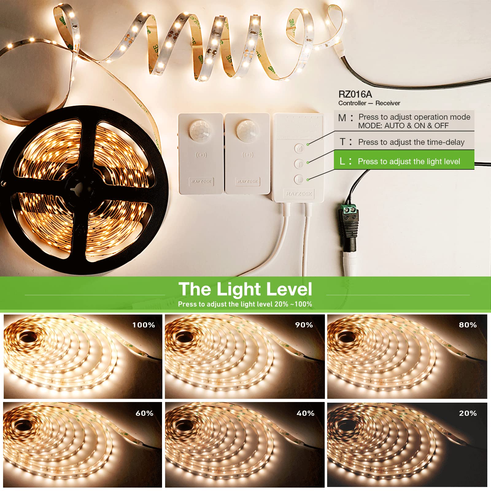 RAYZEEK - Luci di striscia a LED attivate dal movimento wireless, luci di striscia LED da 20 piedi con adattatore di alimentazione, RF Wireless Motion Sensor Control Dimmer,