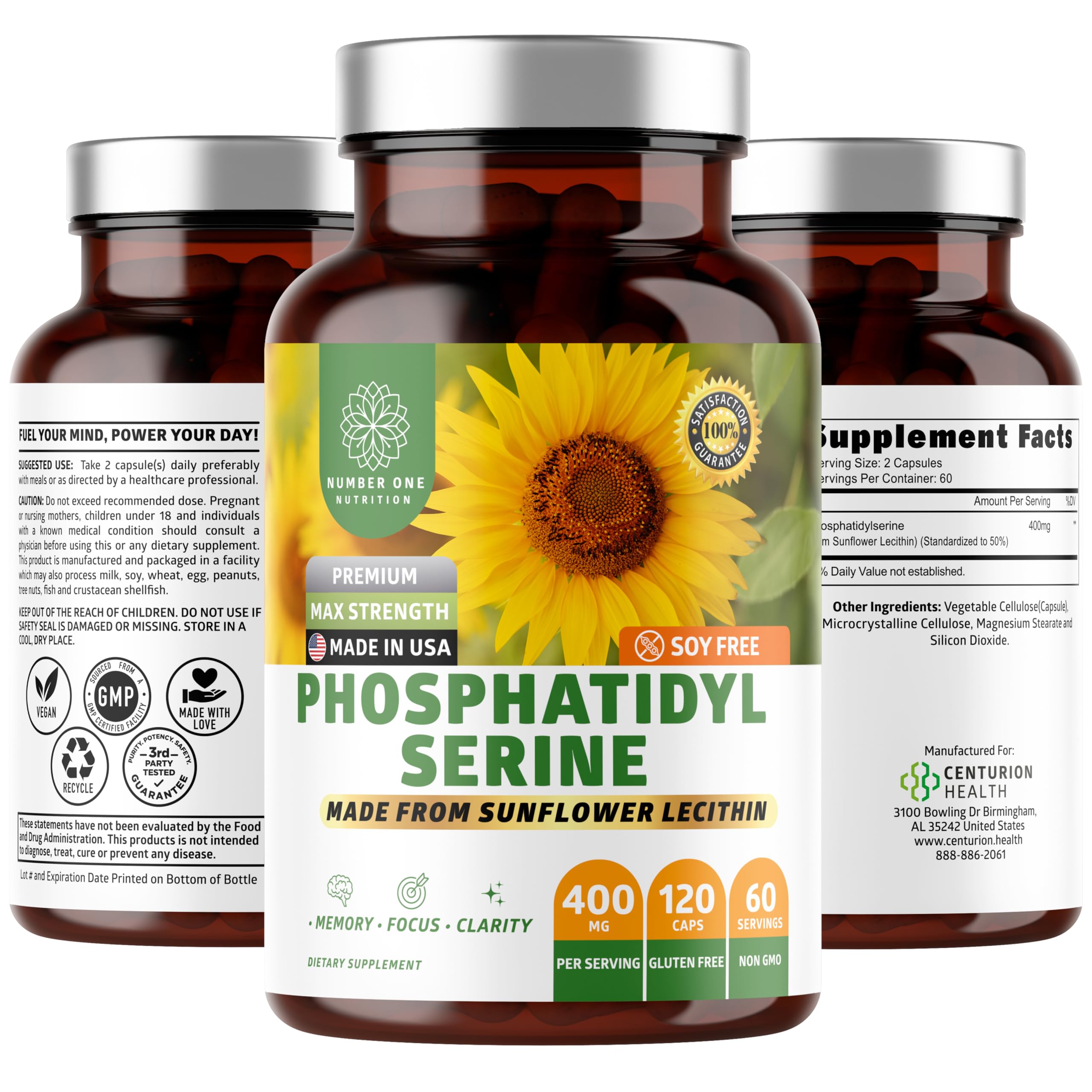 Number One Nutrition Premium Phosphatidylserine 400mg, Derived from Sunflower Lecithin to Help Support Memory, Focus & Cognition Naturally, Soy Free,