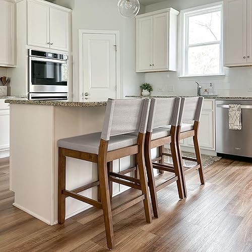 Miniatura 5 de Nathan James Linus - Taburete de bar tapizado moderno con altura de mostrador con respaldo y patas de madera de goma maciza en una madera marrón