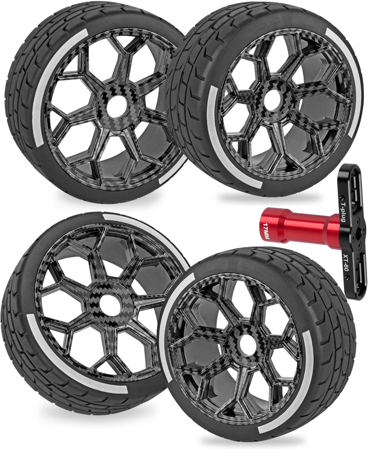 RcarmubWow RC Wheels and Tires for 1/7 Arrm a Felony 6S BLX,RC Truck Tires RC Wheels and RC Tires,4pcs Highway Tires(2 Big 2 Small,Black with Carbon