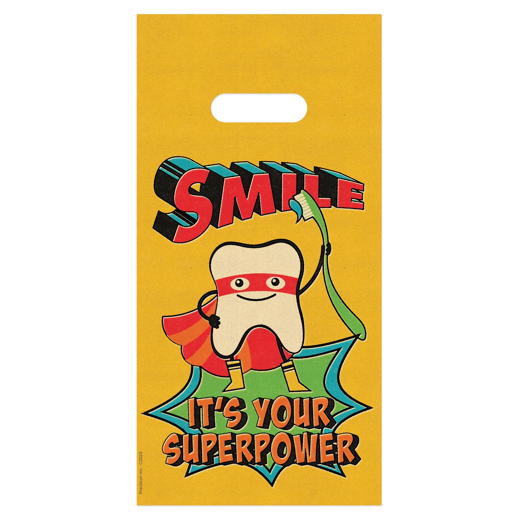 Practicon Smile Superpower 6" x 12" Dental Giveaway Bag, Dental Hygiene Patient Care Goodie Bag, Dentist Office Plastic Gift Bags, 100 Pack