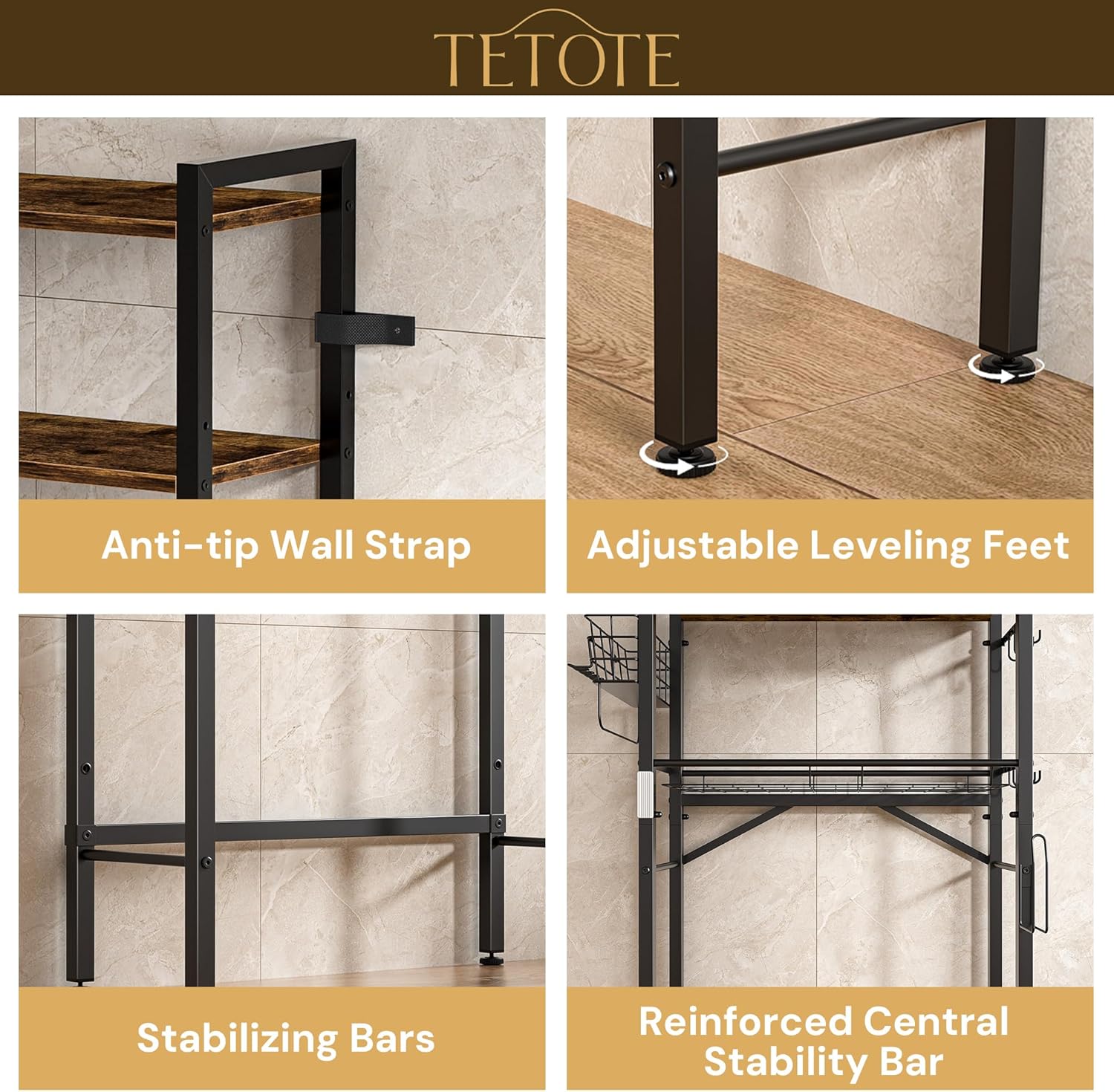TETOTE Over Toilet Bathroom Organizer, 4-Tier Bathroom Over The Toilet Storage with Adjustable Shelf and Basket, Freestanding Space Saver Bathroom Shelves Above Toilet for Room(Brown)