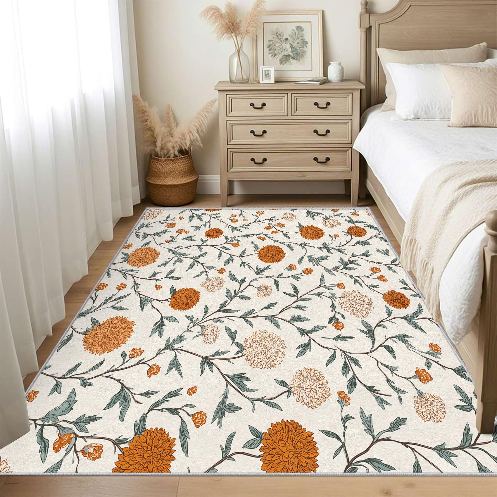 Tapis lavable et antidérapant 160x230 cm orange à motif fleurs