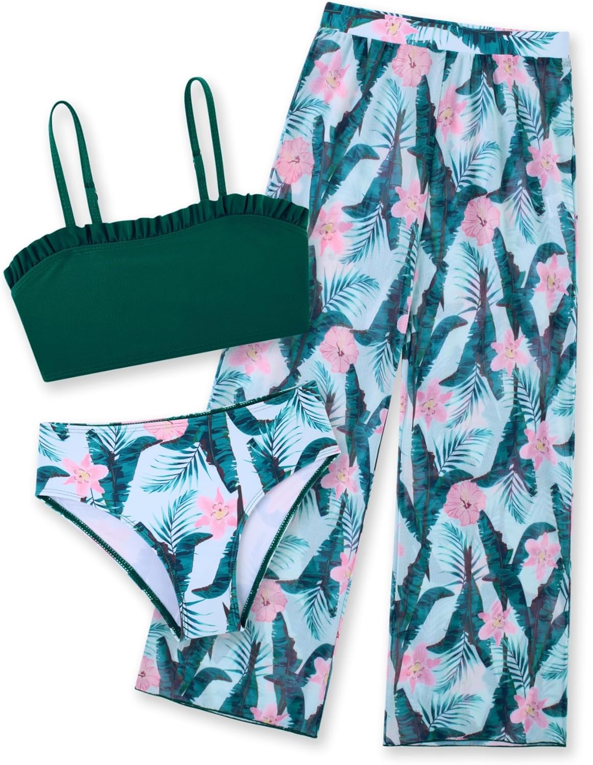 Vogseek 6-16T Girls 3 Pieces Bikini Bathing Suit with Rash Guard Pants Quick Dry Swimwear Cover-Up Sets