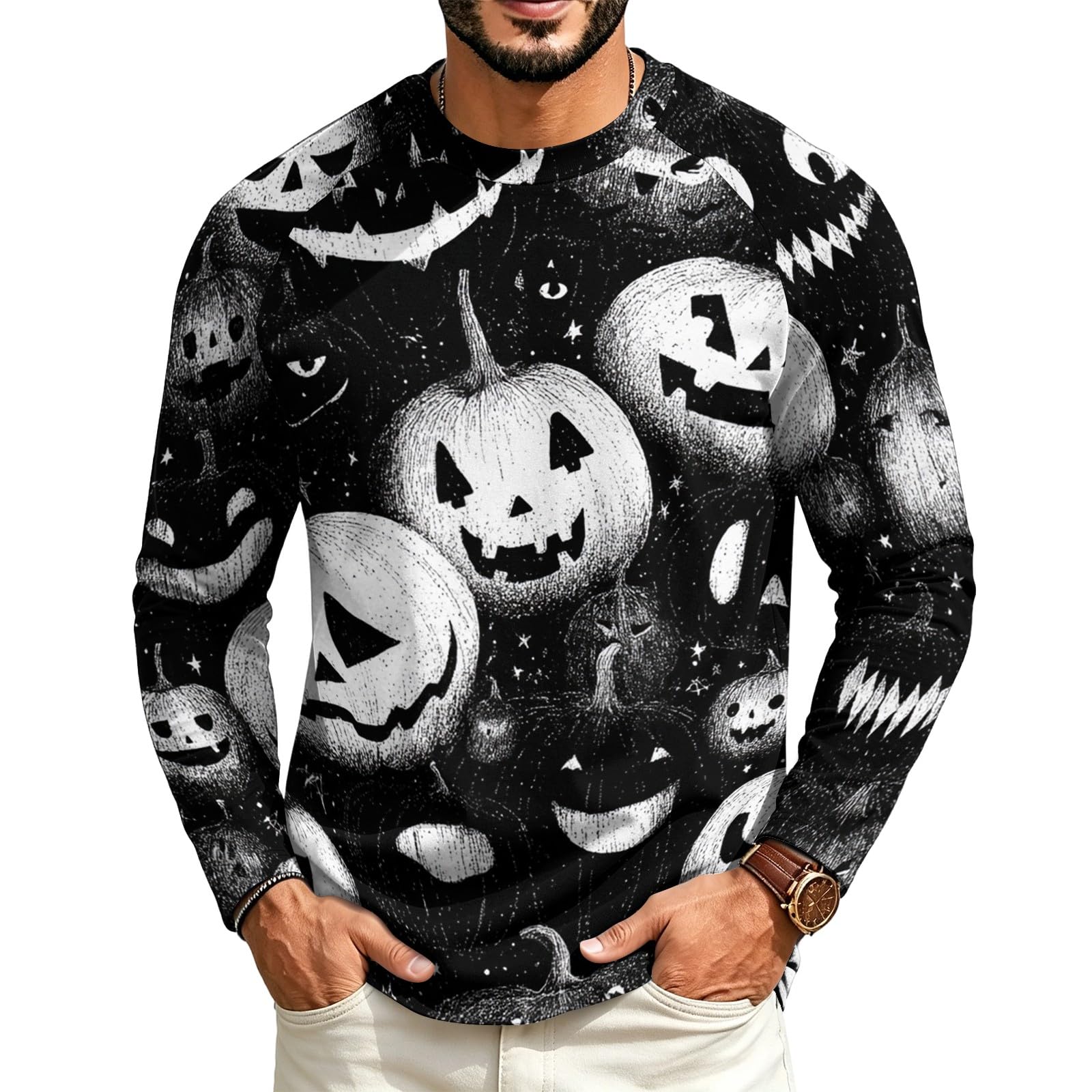 Halloween Crew Neck Shirts Costumes for Men Long Sleeve,01-Black XXL — image 1