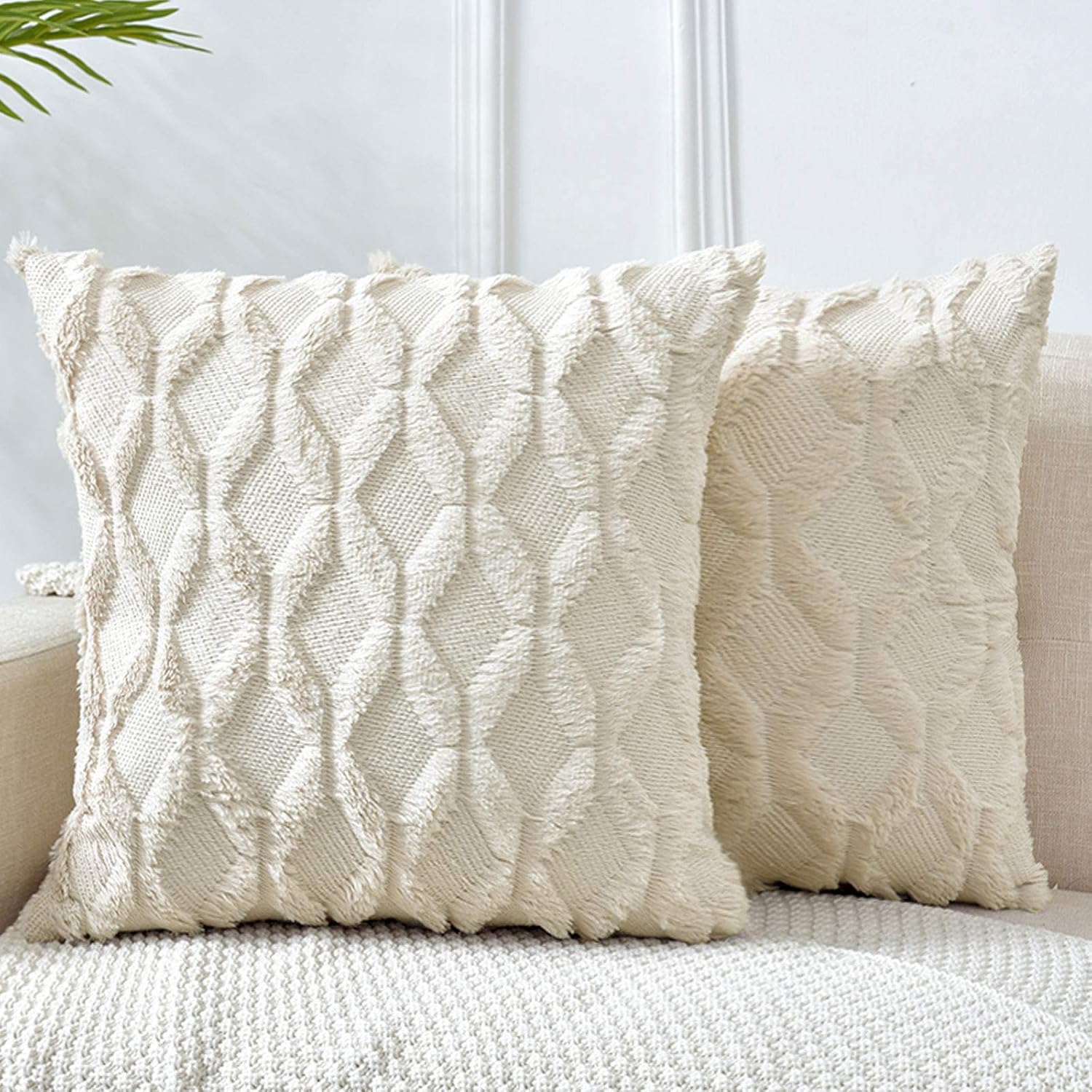 LHKIS Throw Pillow Covers 20x20, Beige Decorative Boho Pillow Case Cushion Cover with Velvet Luxury Soft Plush Short Wool for Couch Sofa Bedroom Car, Set of 2