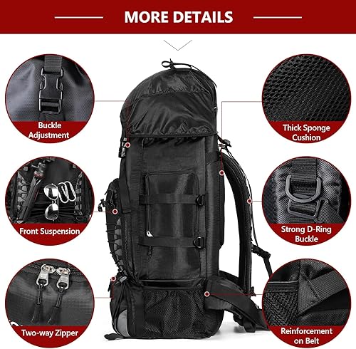 Miniatura 4 de Mochila de senderismo de 90L, bolsa de camping impermeable con cubierta de lluvia, mochila ligera para mochileros, sin marco, Negro -, Mochila de