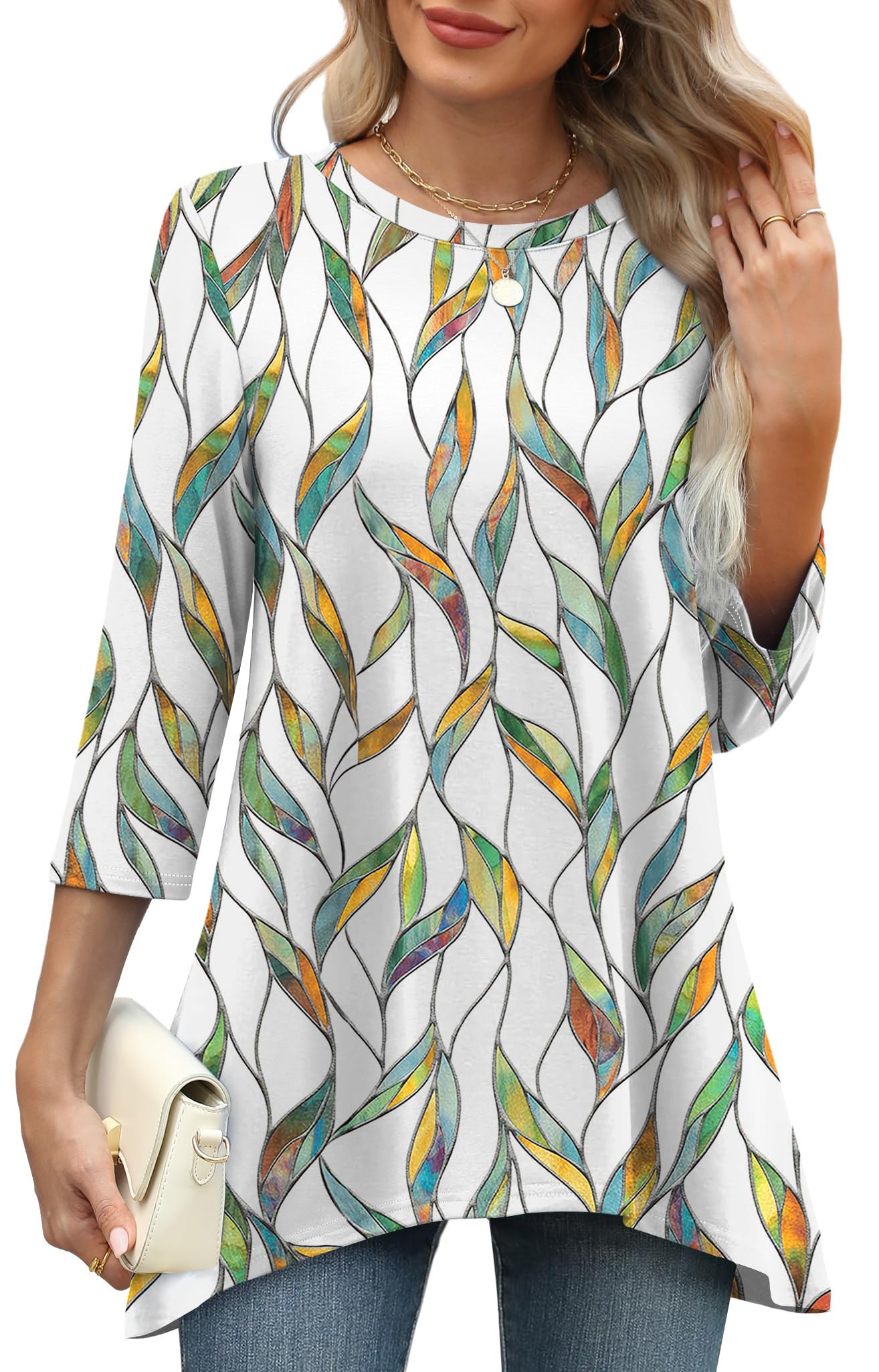 OFEEFAN Tunic Tops for Women Loose Fit Dressy 3/4 Length Sleeve Womens Tops with Asymmetrical Hem S-4XL