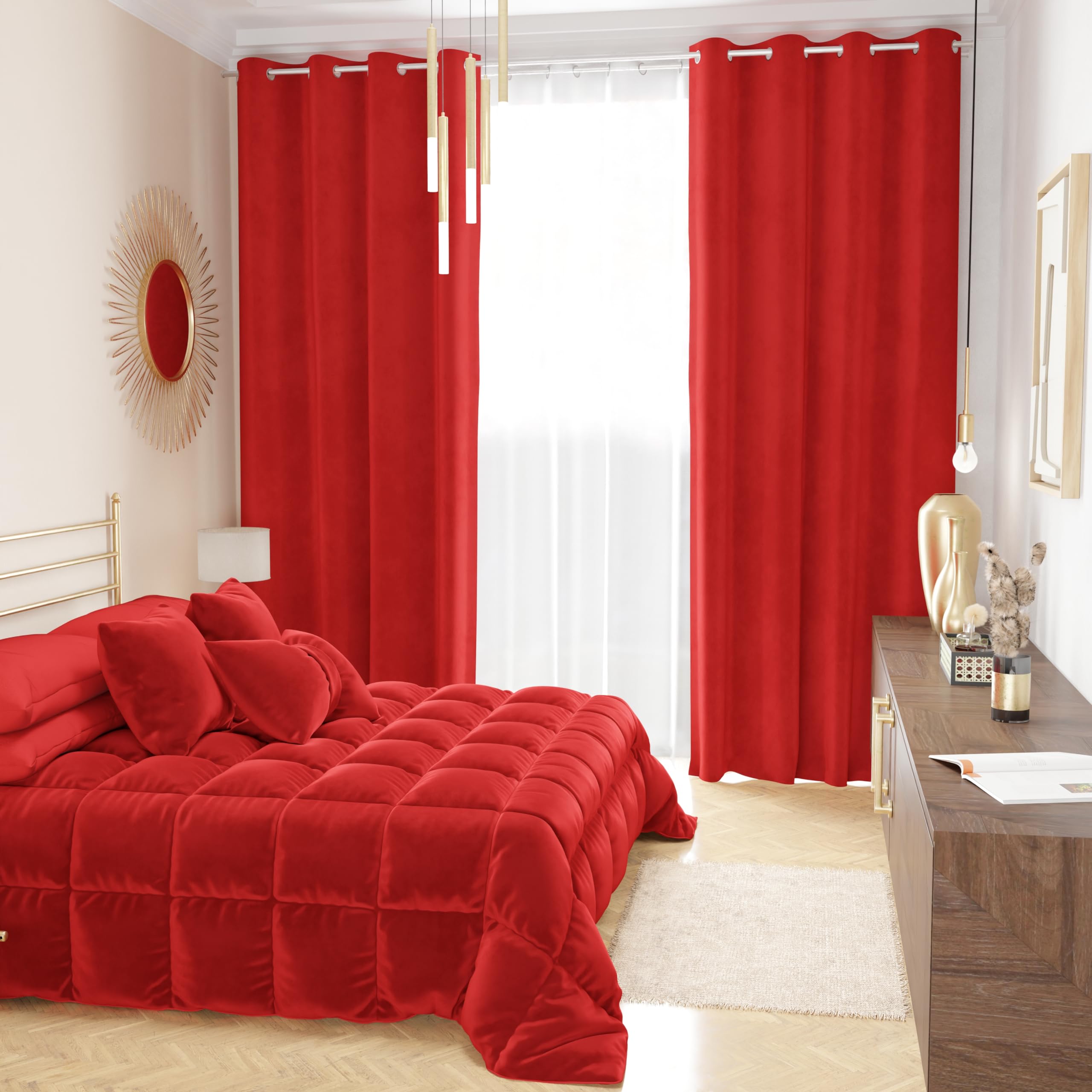 PETTI Artigiani Italiani - Rideaux en Velours à Panneaux pour intérieur avec Anneaux, 2 pièces, 140 x 280 cm, Rideau Velours Chambre à Coucher et Salon occultants isolants et Modernes, Rouge, 100%