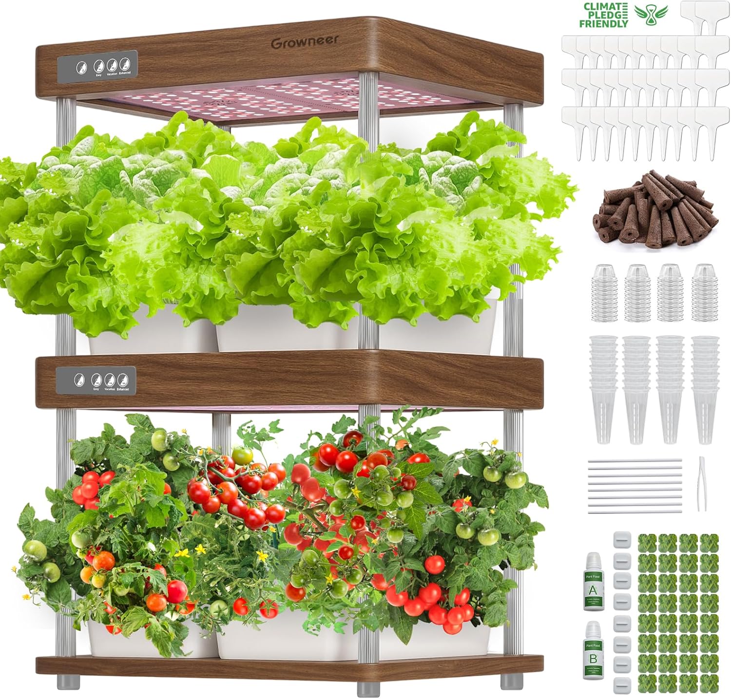 GROWNEER HydroEasy1.0 Hydroponic Growing System, 2-Tier Indoor Garden with Full-Spectrum LED Grow Lights, 32 Pods, Solid Wood Design, Independent Water Circulation, Ideal for Vegetables, Herbs, Bamboo