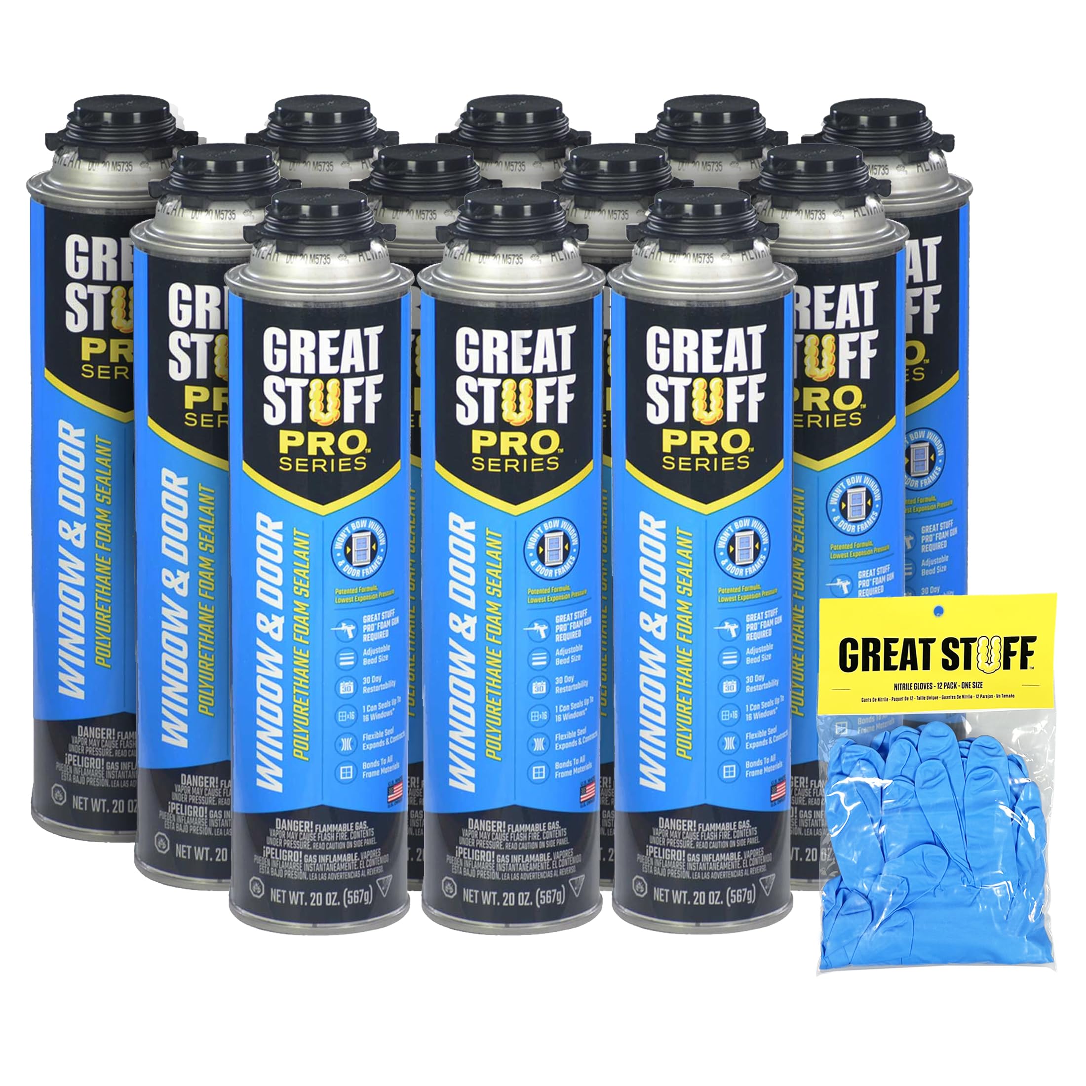 GREAT STUFF PRO Window & Door 20 oz Polyurethane Foam Sealant, Pack of 12 with Great Stuff Gloves, Forms Air Tight, Water Resistant Seal, Low