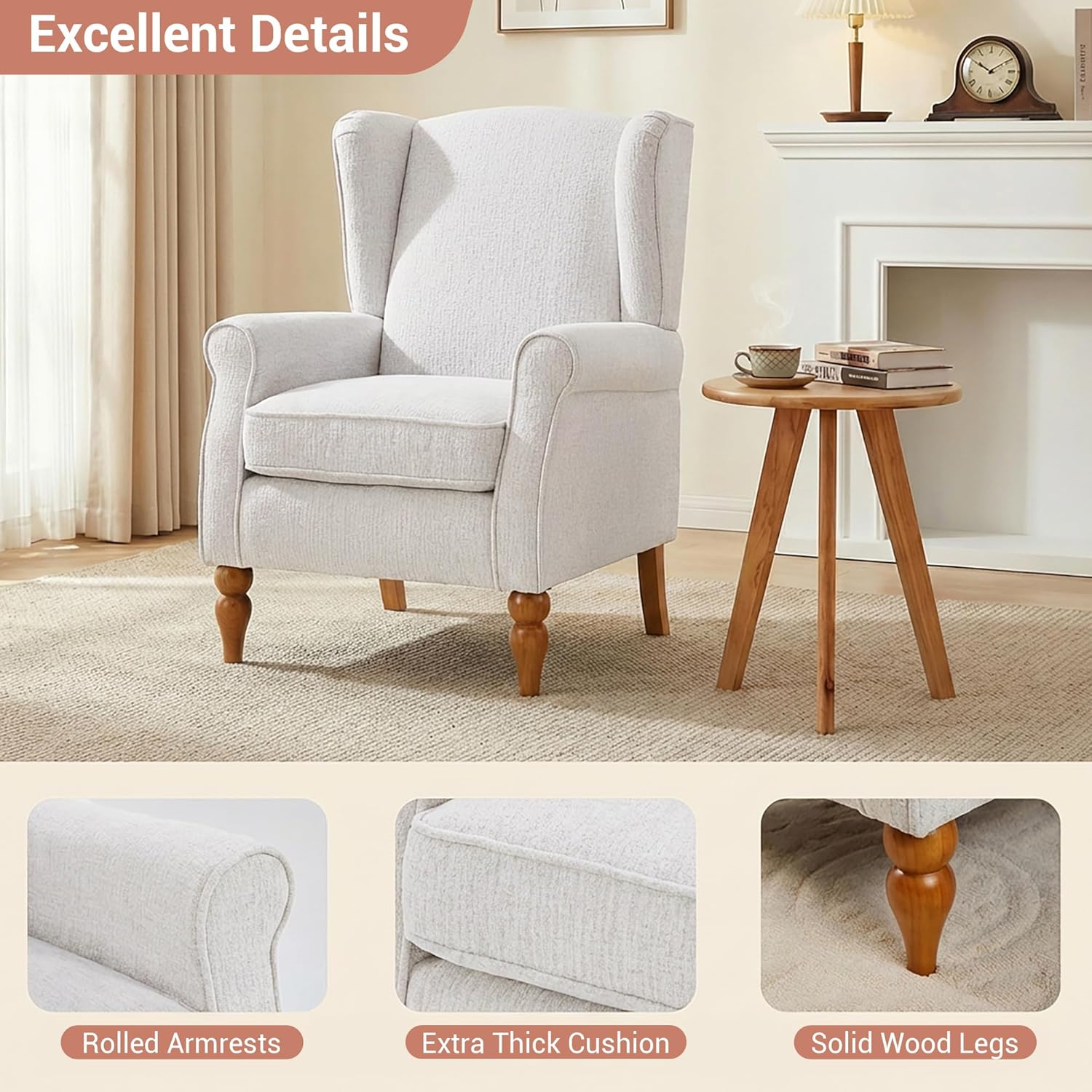 High Back Wingback Accent Chair, Modern Upholstered Armchair Comfy Reading Chair with Solid Wood Legs for Living Room Bedroom Library, Beige
