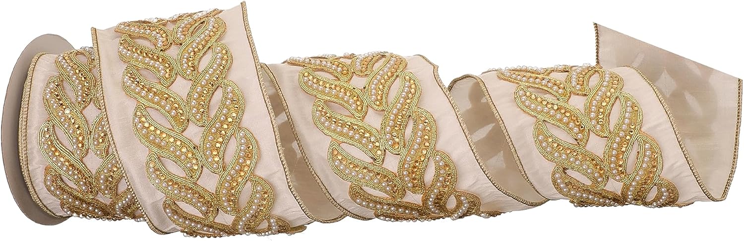 Regency International Jewel Pearl Trim on Dupion Ribbon, 15 Feet Length, Ivory and Gold