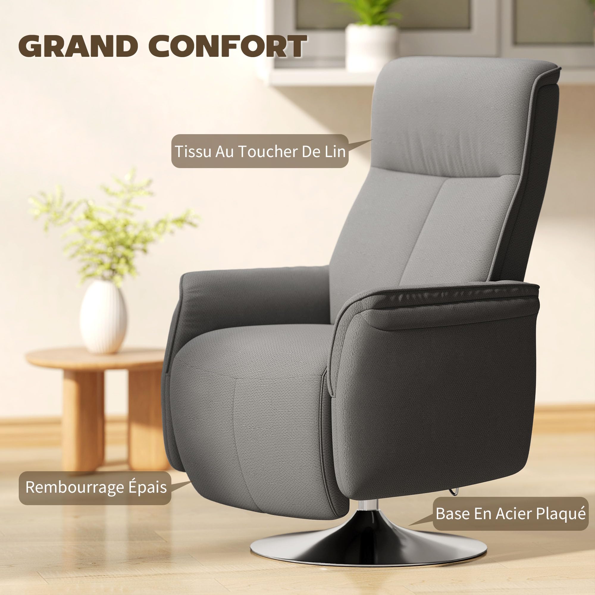 HOMCOM Fauteuil Relax massant, Fauteuil de Relaxation inclinable pivotant à 360°, Dossier et Repose-Pieds réglable, télécommande, Poche latérale, Tissu Aspect Lin, Chaise TV pour Salon Chambre, Gris