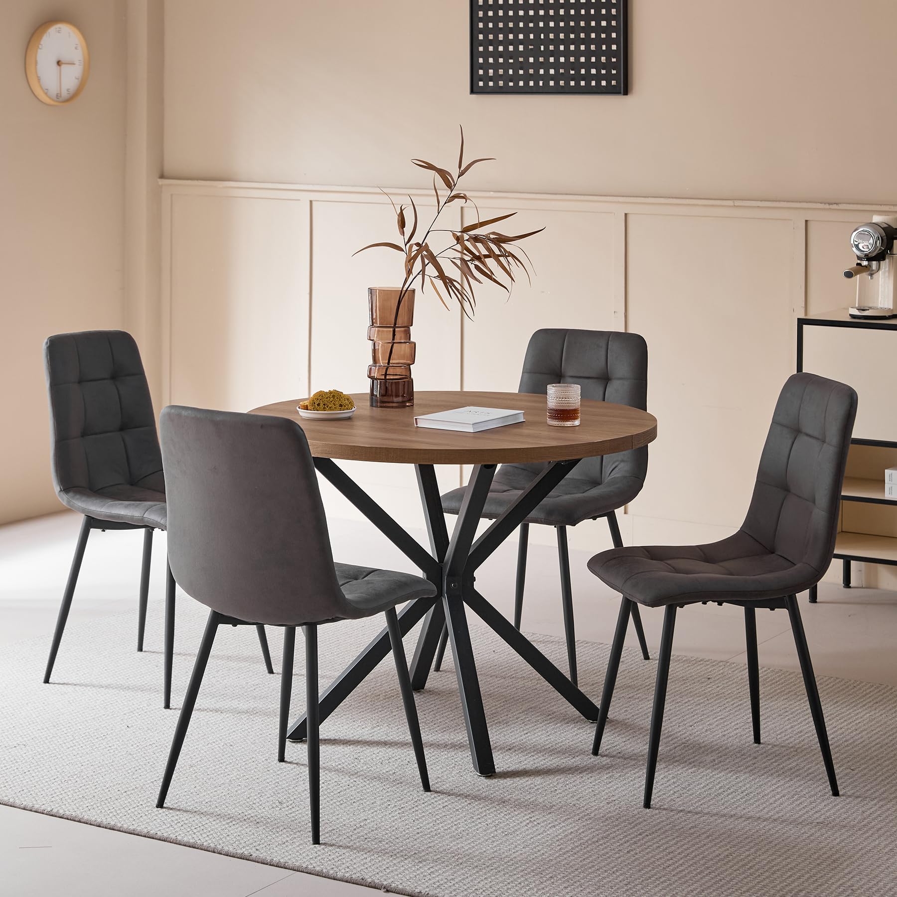 Juego de Comedor Mesa Redonda 100cm y 4 Sillas de Comedor Tapizadas, Conjunto Mesa y Sillas para Cocina y Salón (Madera Oscura+Gris Oscuro (PU))