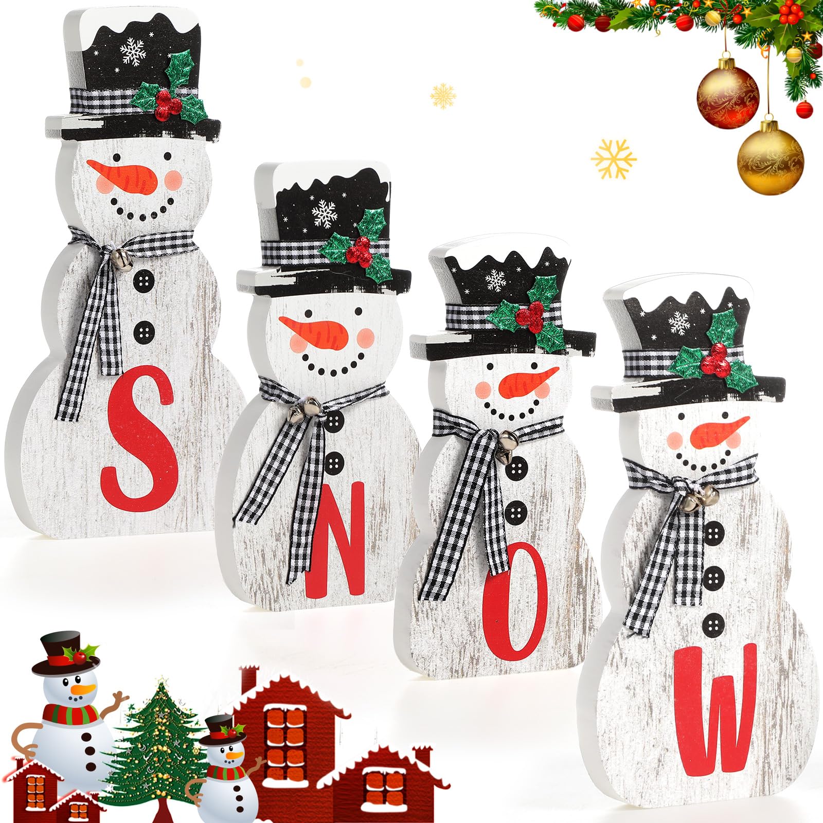 Wenqik 4 piezas de decoración de mesa de muñeco de nieve de madera de Navidad, muñeco de nieve escalonado, decoración de madera, muñeco de nieve, decoración rústica, decoraciones de Navidad para