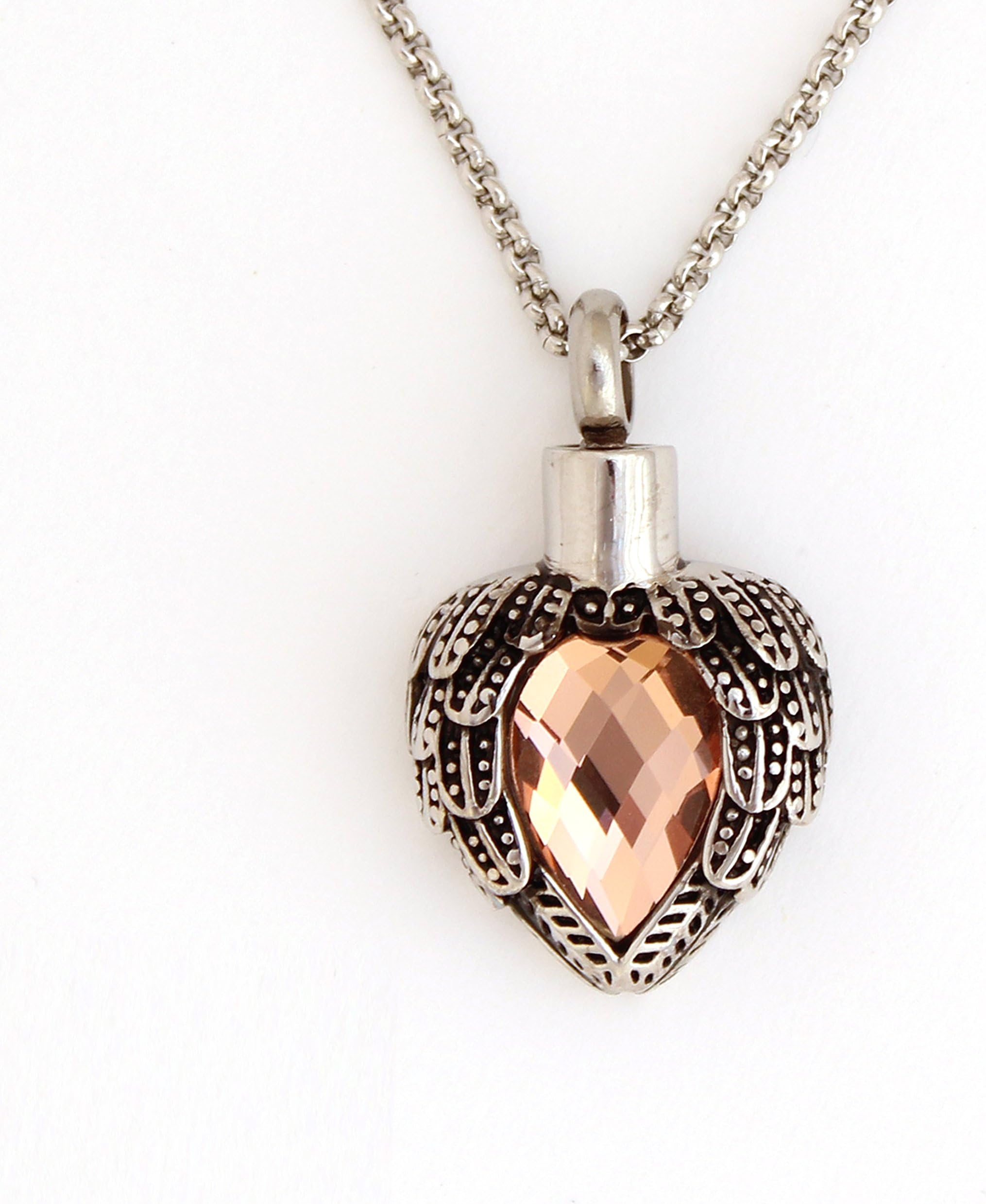 Zahara Memorial Urn Necklace (20 Inches) with Velvet Pouch & Fill Kit | Champagne Rose Angel Heart Pendant and Chain (Nickel Free)