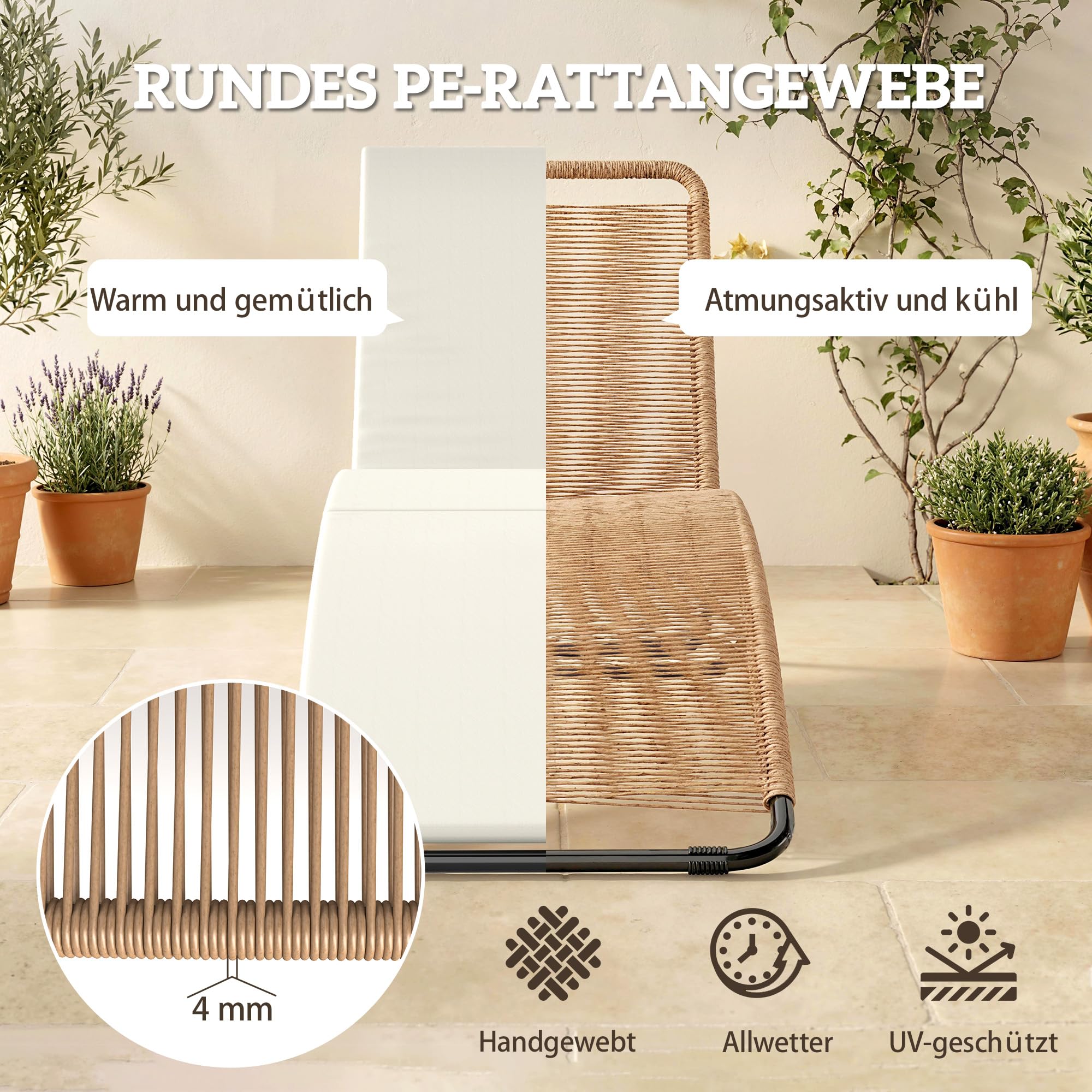 Outsunny leżanka rattanowa w kształcie litery S z poduszką, oddychająca powierzchnia, stalowa rama, odporna na UV, relaksacyjna leżanka ogrodowa meble do ogrodu, tarasu, basenu, kremowa