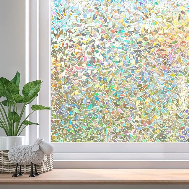 Beautysaid Rainbow Window Film Privacy: 3D Stained Glass Window Film, No-Glue Window Film, Frosted Backing Film, Static Cling Window Film, Rainbow Decoration for Home Kitchen (44x200cm)
