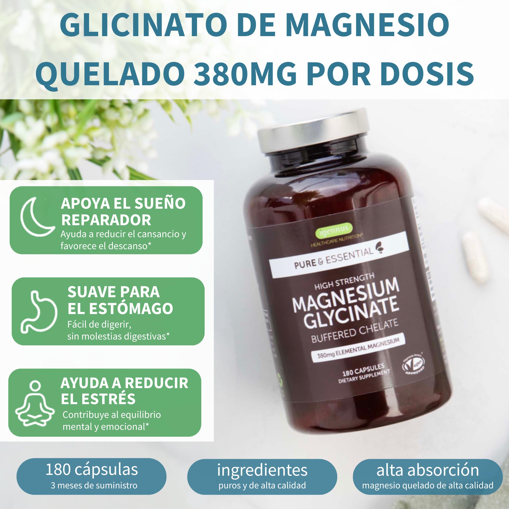 Igennus Glicinato de Magnesio Quelado 1300 mg, 380 mg de Magnesio Elemental Puro, 180 Cápsulas/ 3 Meses, Bisglicinato de Acción Rápida y Alta Absorción, Ingredientes Puros y Vegano