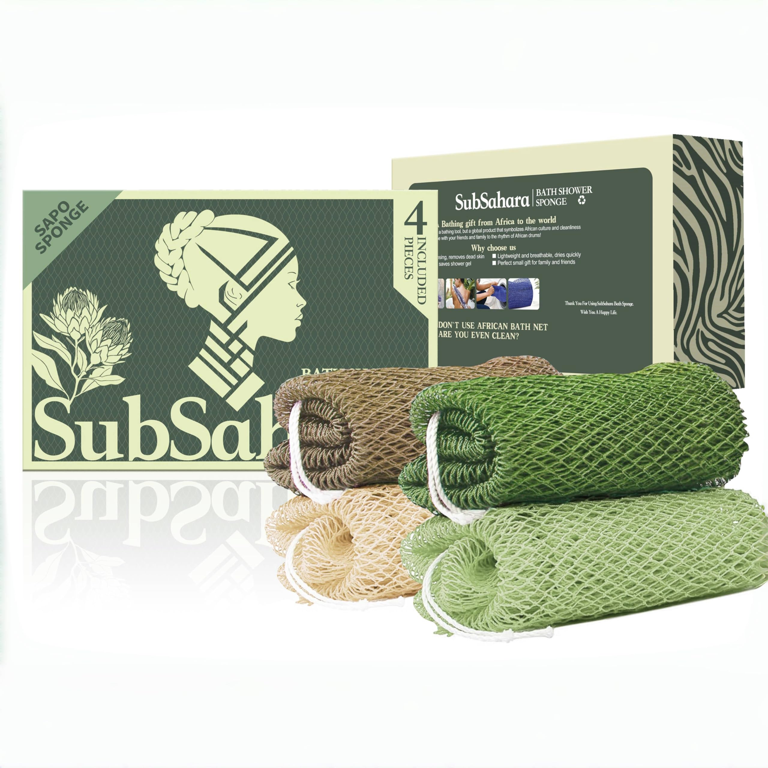 SubSahara African Net Sponge Authentic - 4 Pieces Gentle Exfoliating Scrubber for All Skin Types, Bath Sponge for Face & Body, Travel Portable (Light Brown, Linen, Olive Green, Light Green)
